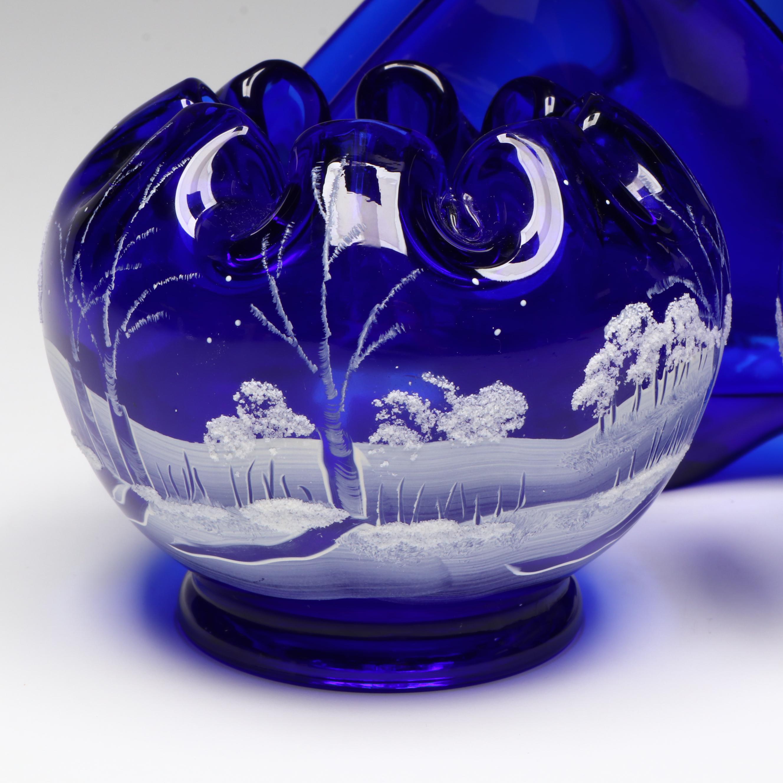 Fenton Hand-Painted Rose Bowls, White Cristal Cobalt Glass Bottle and More