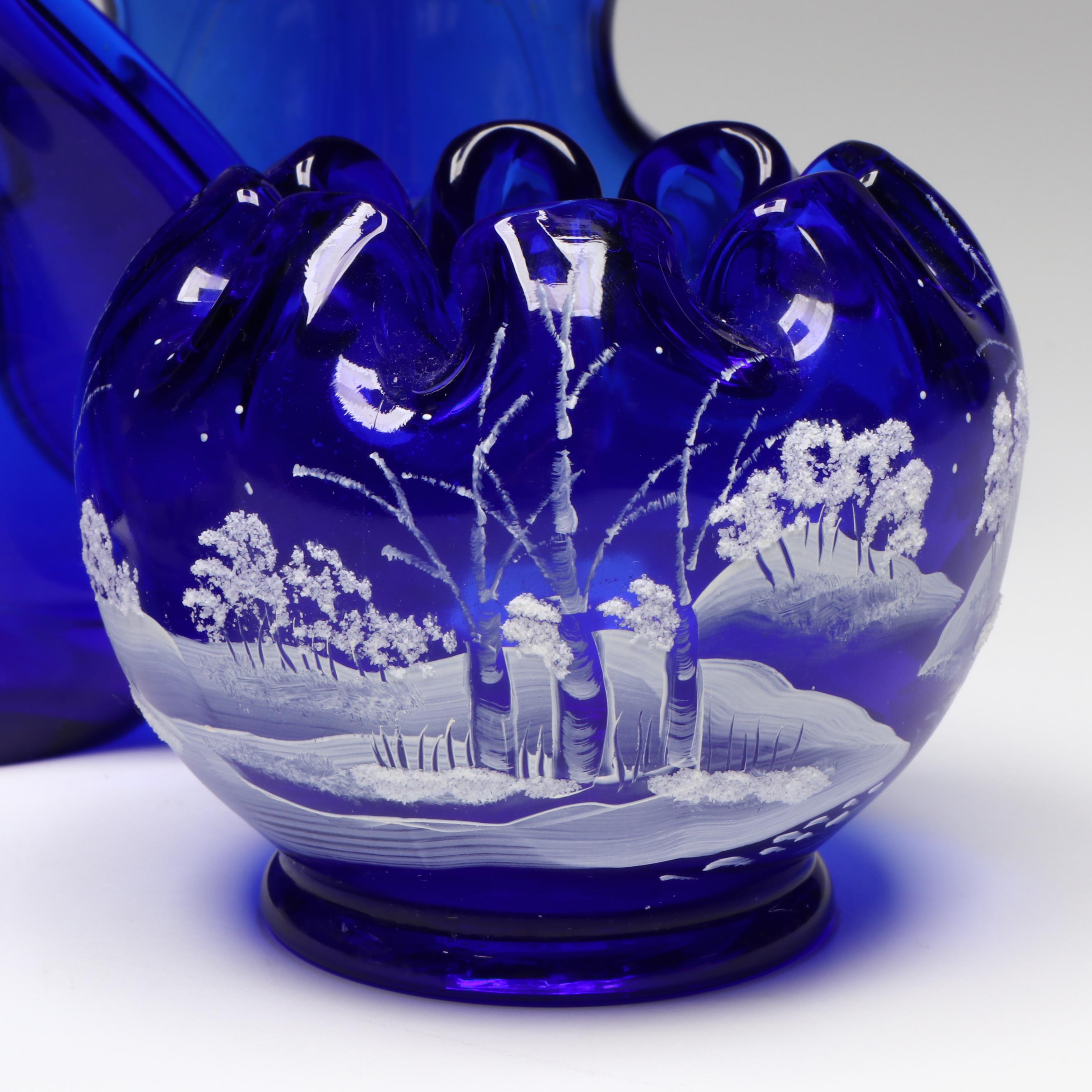 Fenton Hand-Painted Rose Bowls, White Cristal Cobalt Glass Bottle and More