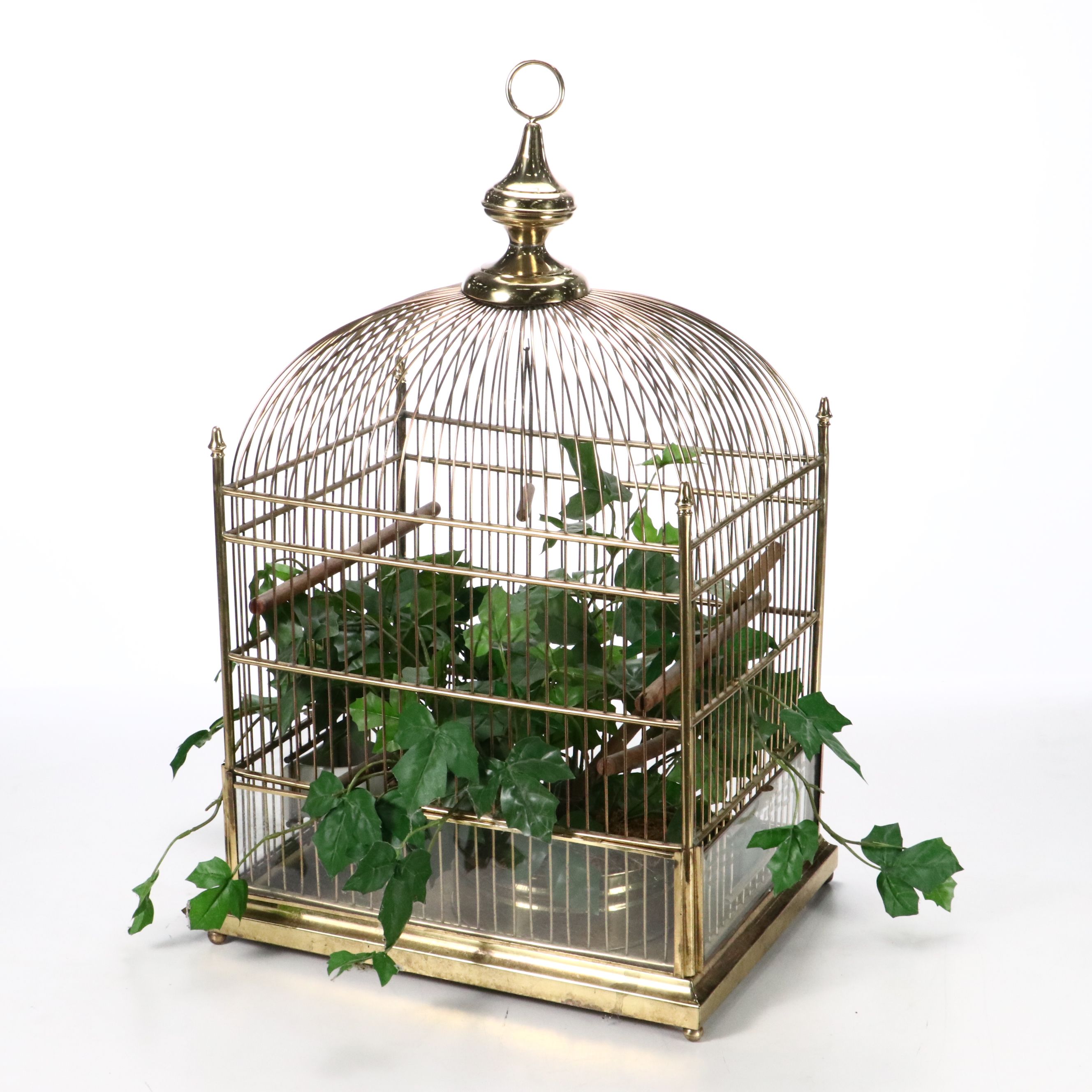 Victorian Style Brass Birdcage with Faux Ivy Plant