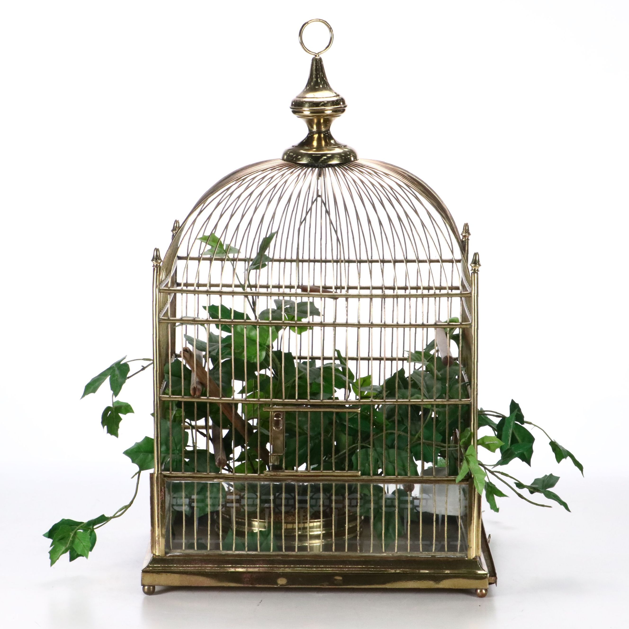 Victorian Style Brass Birdcage with Faux Ivy Plant