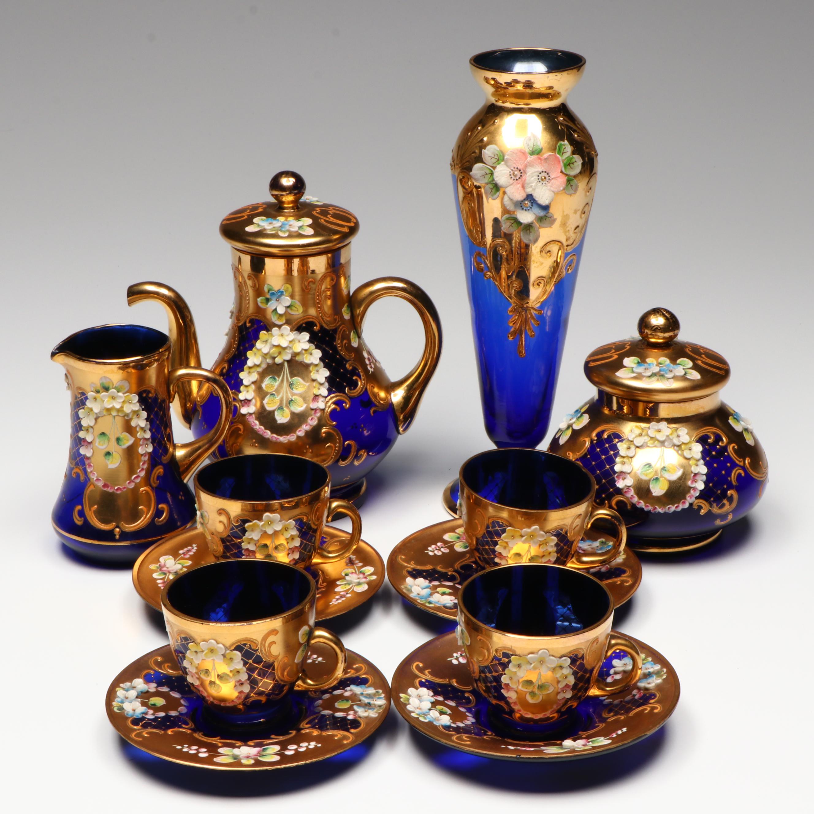 Bohemian Style Hand-Enameled Gilt Cobalt Glass Vase and Tea Set