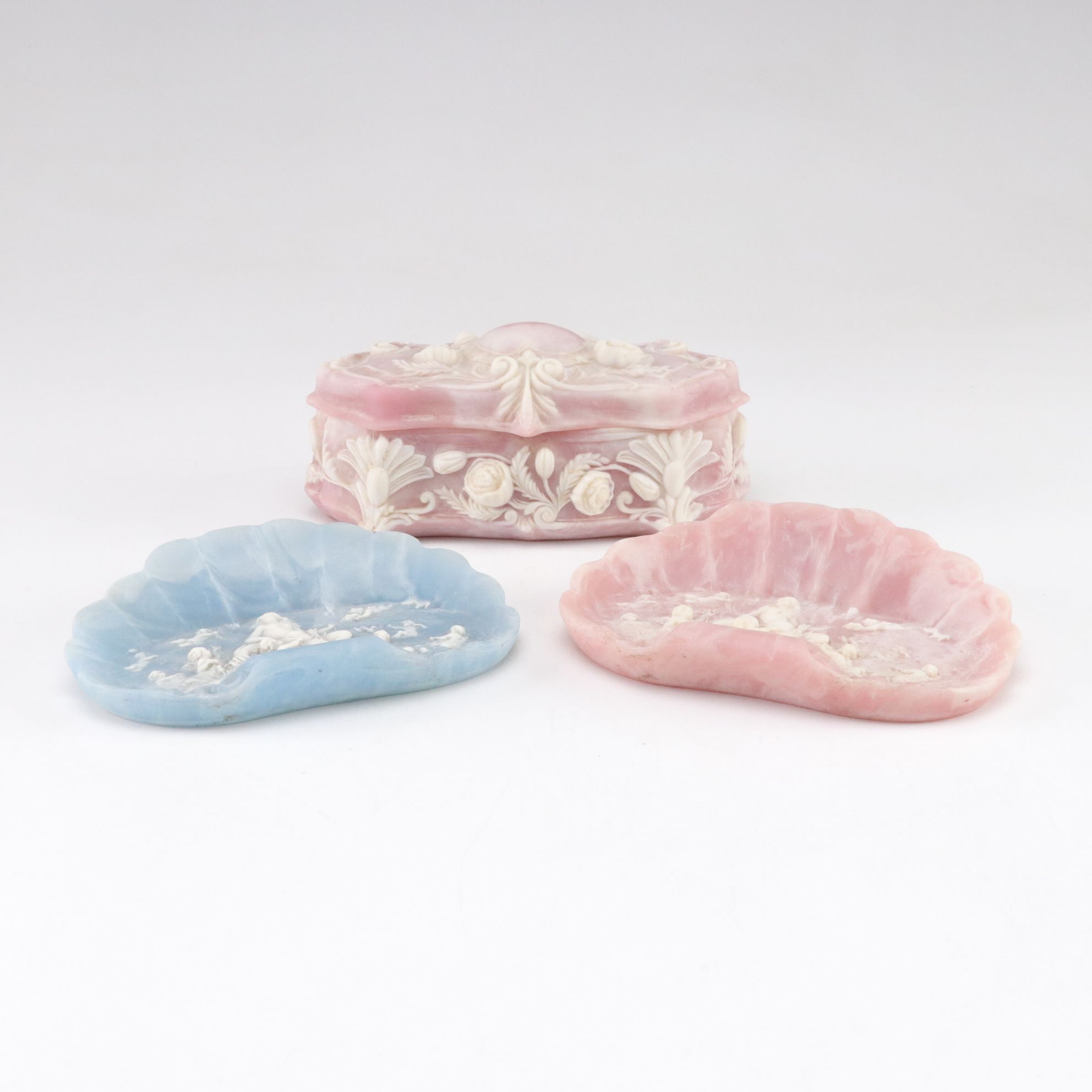 Incolay Stone Relief "Venus at Repose" Soap Dishes with Vanity Box