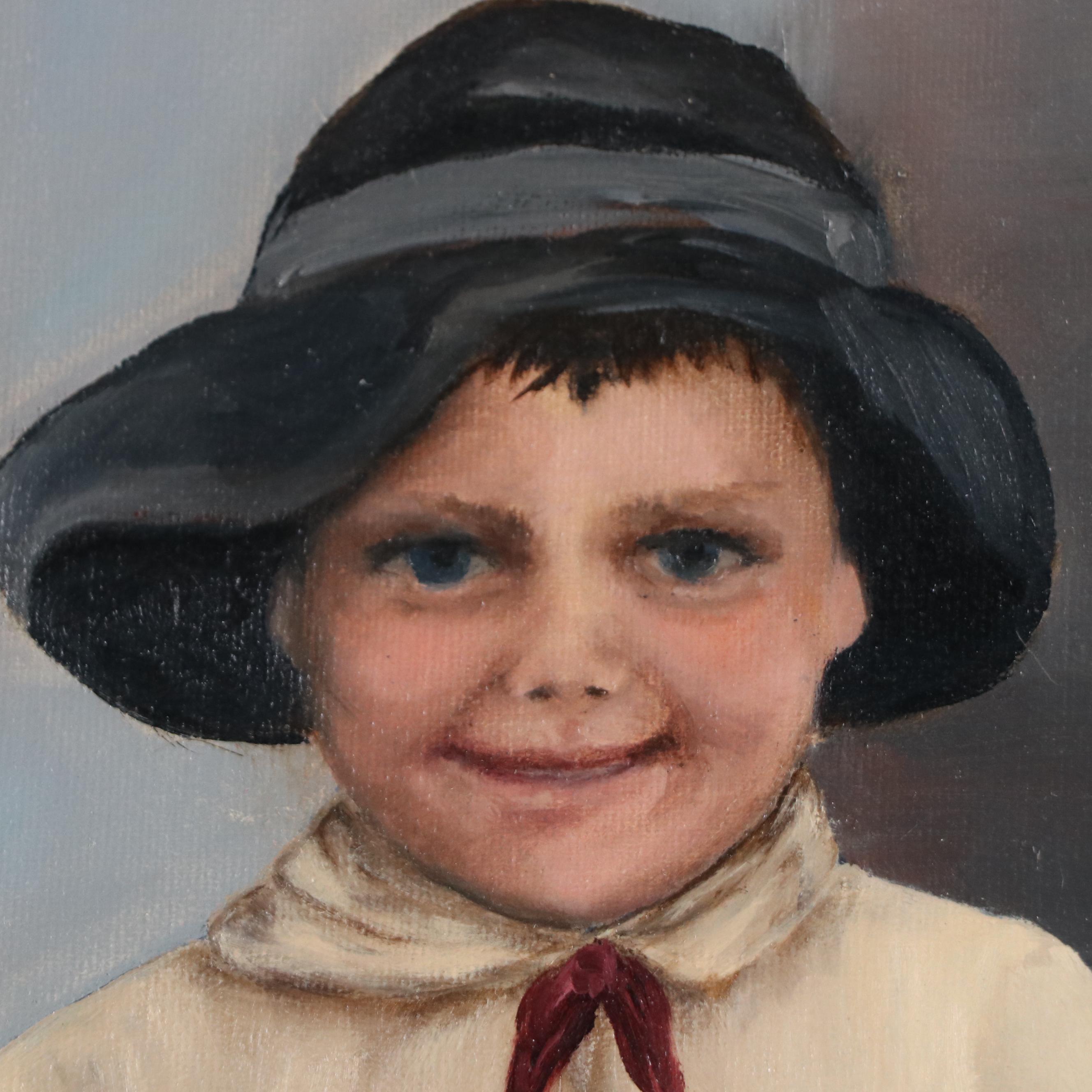 Oil Painting of Newsboy Standing Portrait, Late 20th Century