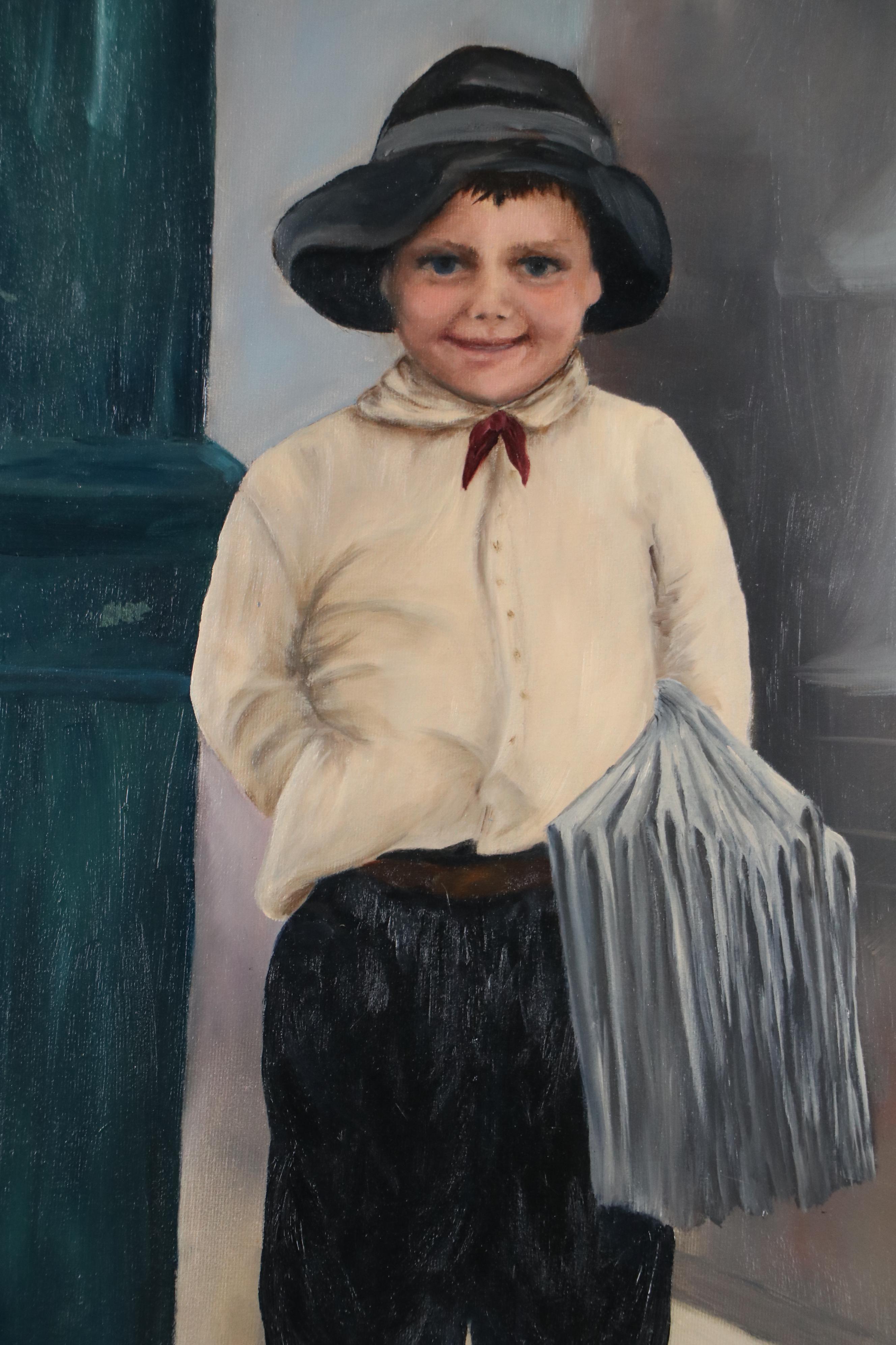 Oil Painting of Newsboy Standing Portrait, Late 20th Century