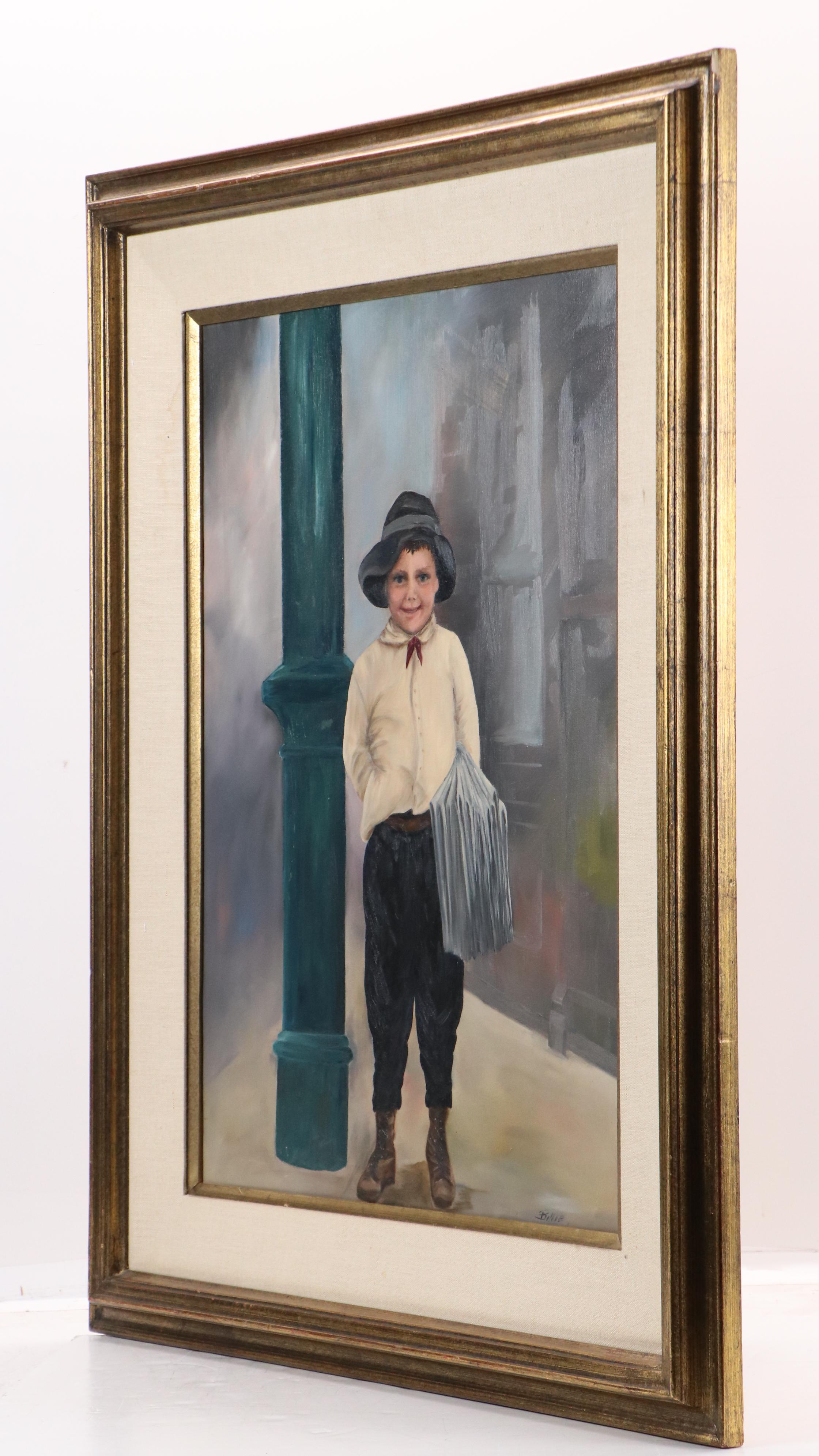 Oil Painting of Newsboy Standing Portrait, Late 20th Century