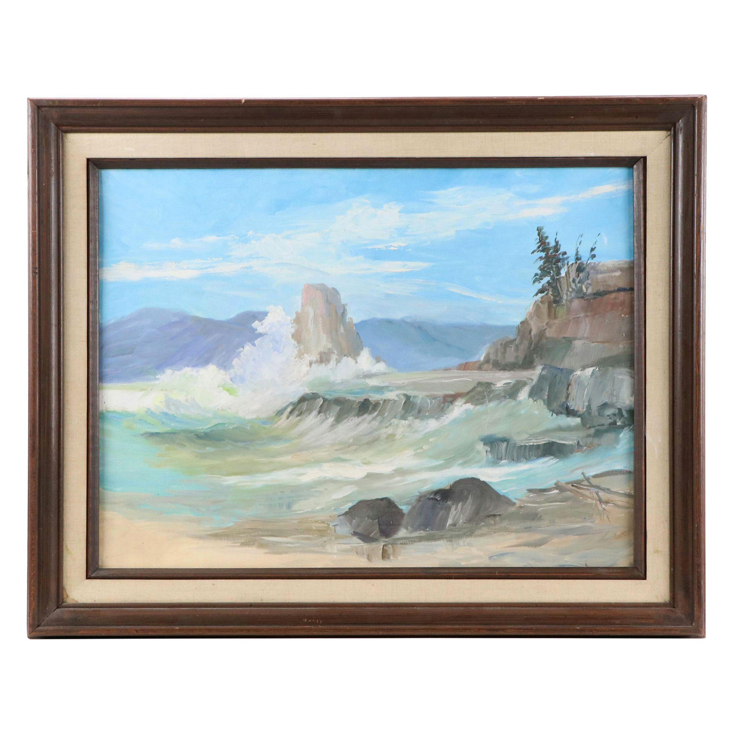 Coastal Landscape Oil Painting, Circa 1965