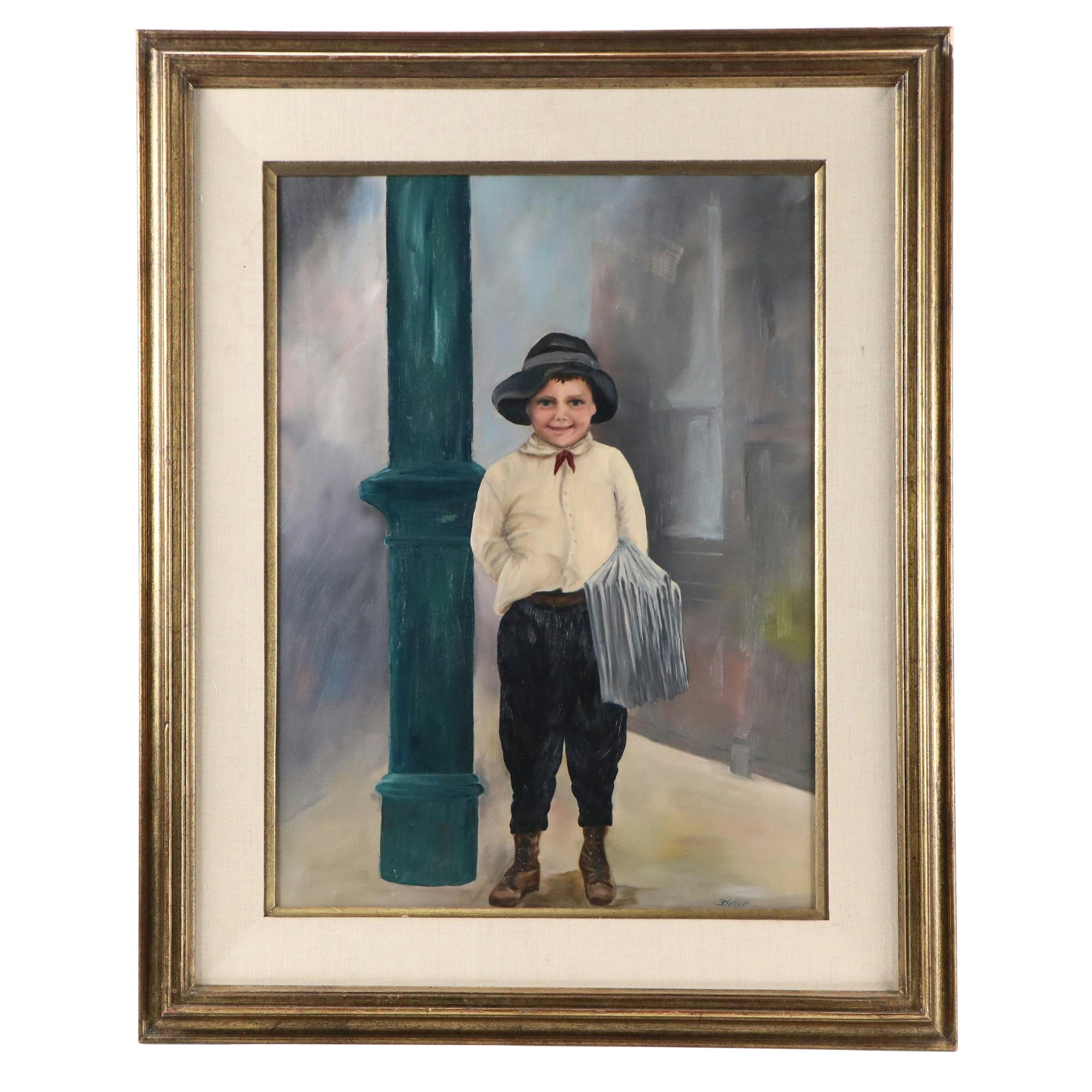 Oil Painting of Newsboy Standing Portrait, Late 20th Century