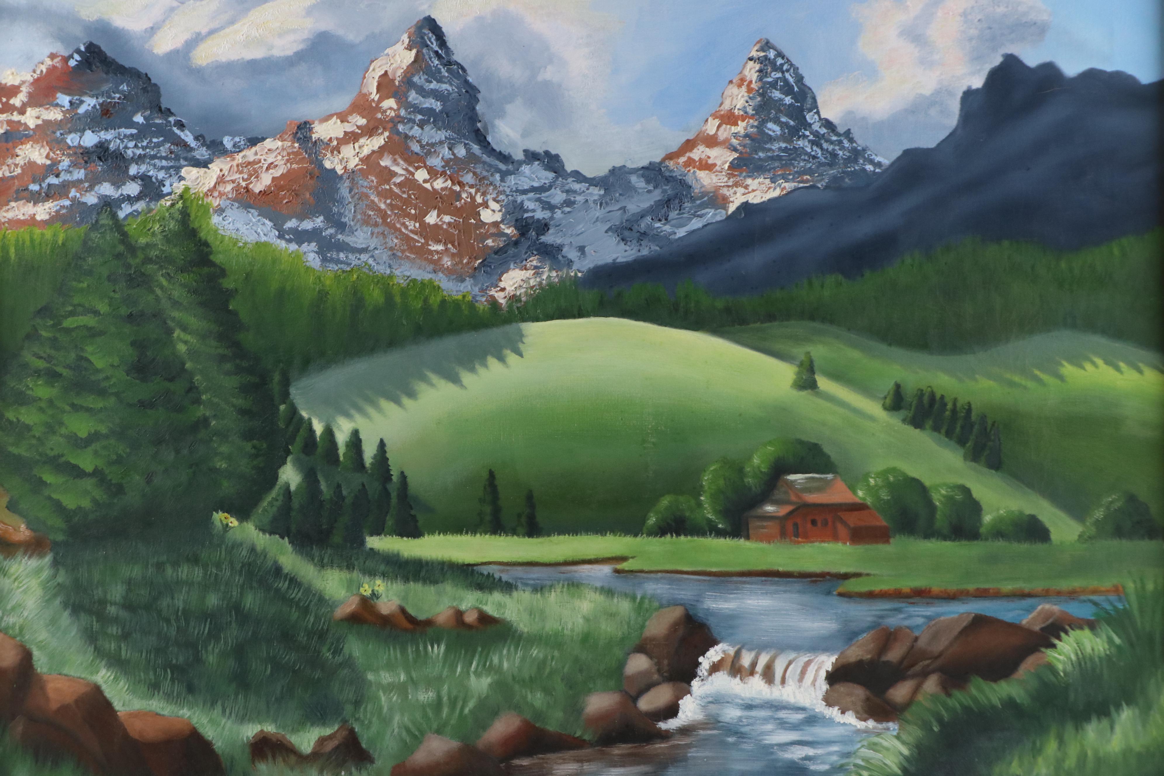 B. Jones Alpine Landscape With Chalet Acrylic Painting