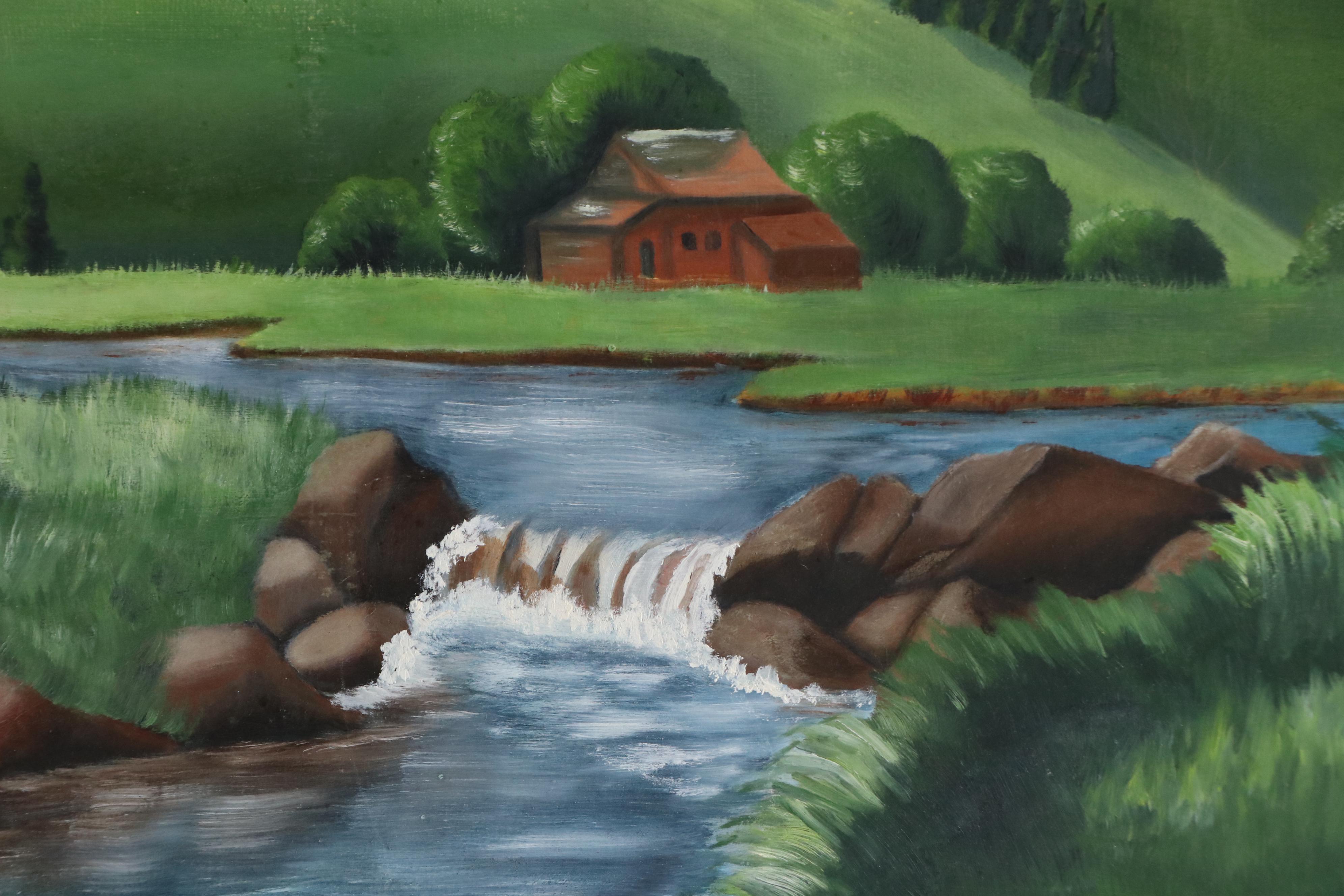 B. Jones Alpine Landscape With Chalet Acrylic Painting