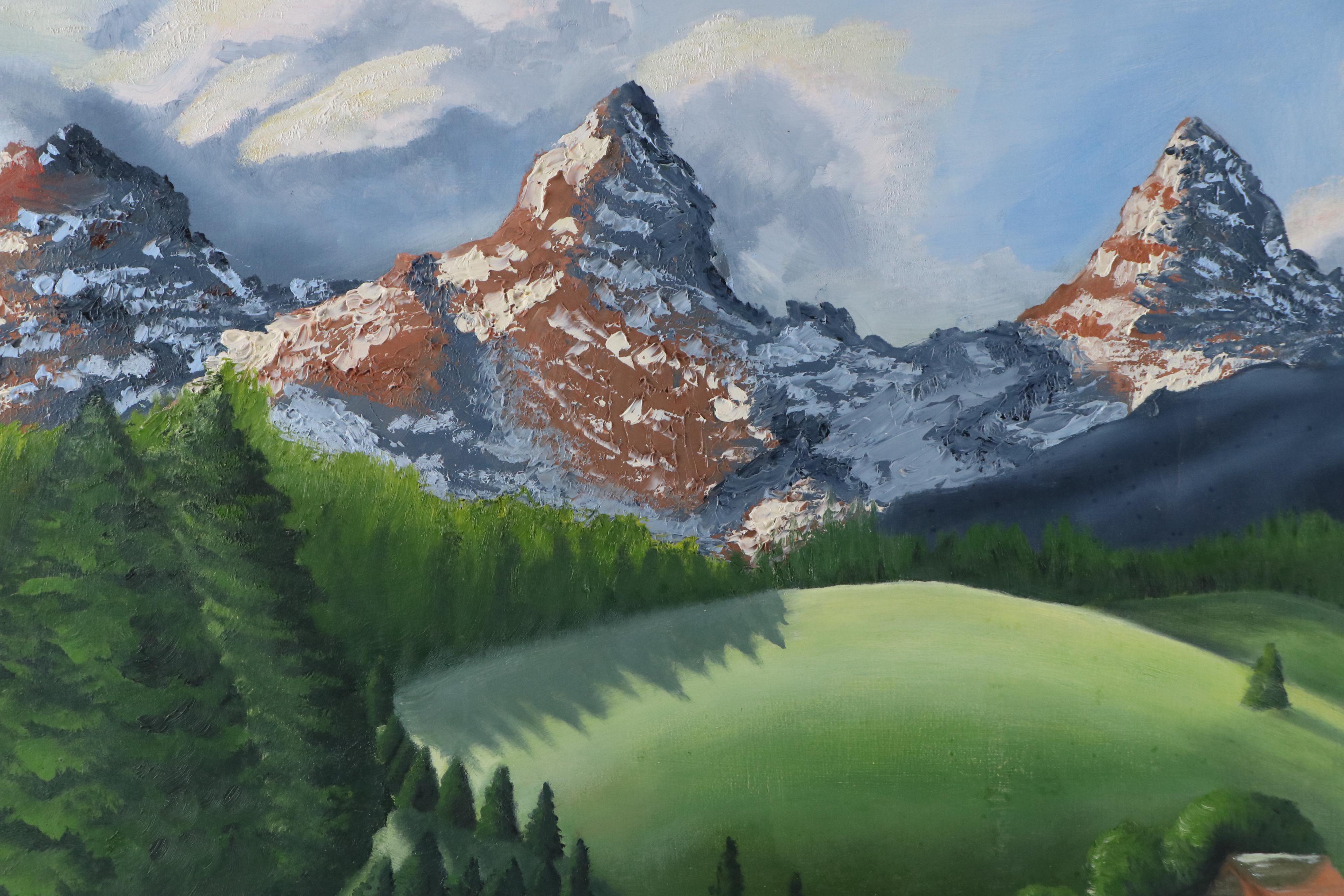 B. Jones Alpine Landscape With Chalet Acrylic Painting