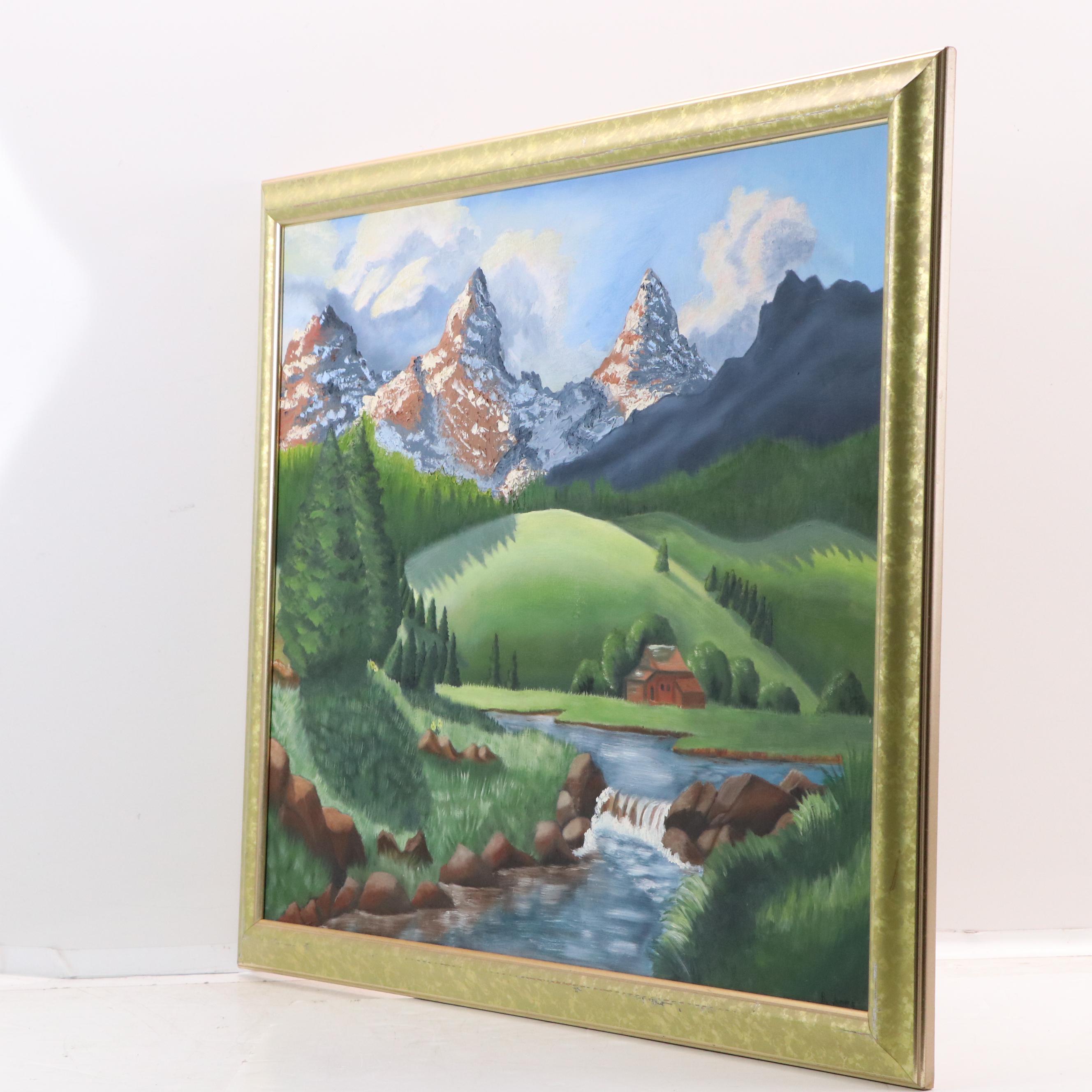 B. Jones Alpine Landscape With Chalet Acrylic Painting
