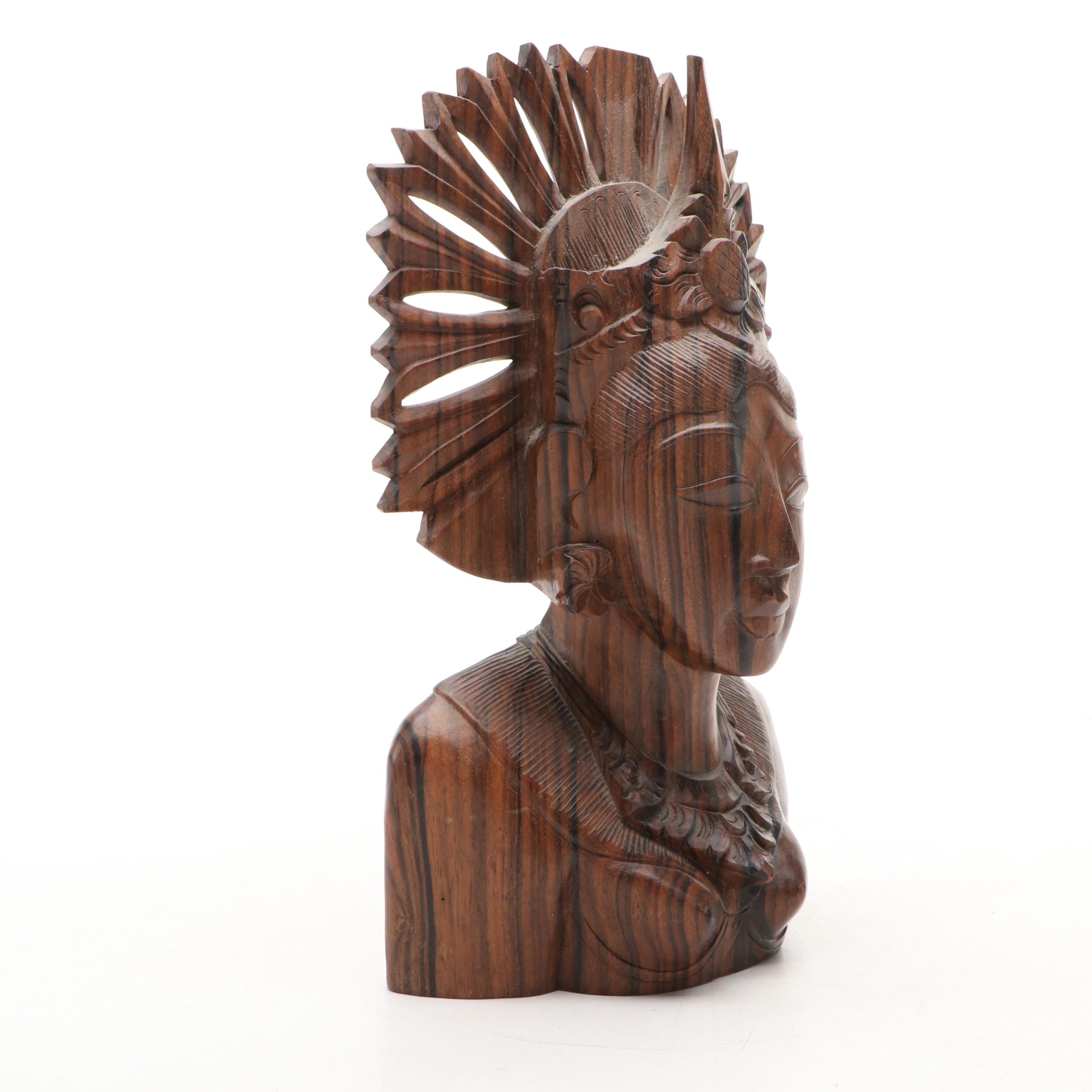 Balinese Coromandel Wood Hand-Carved Bust of Queen