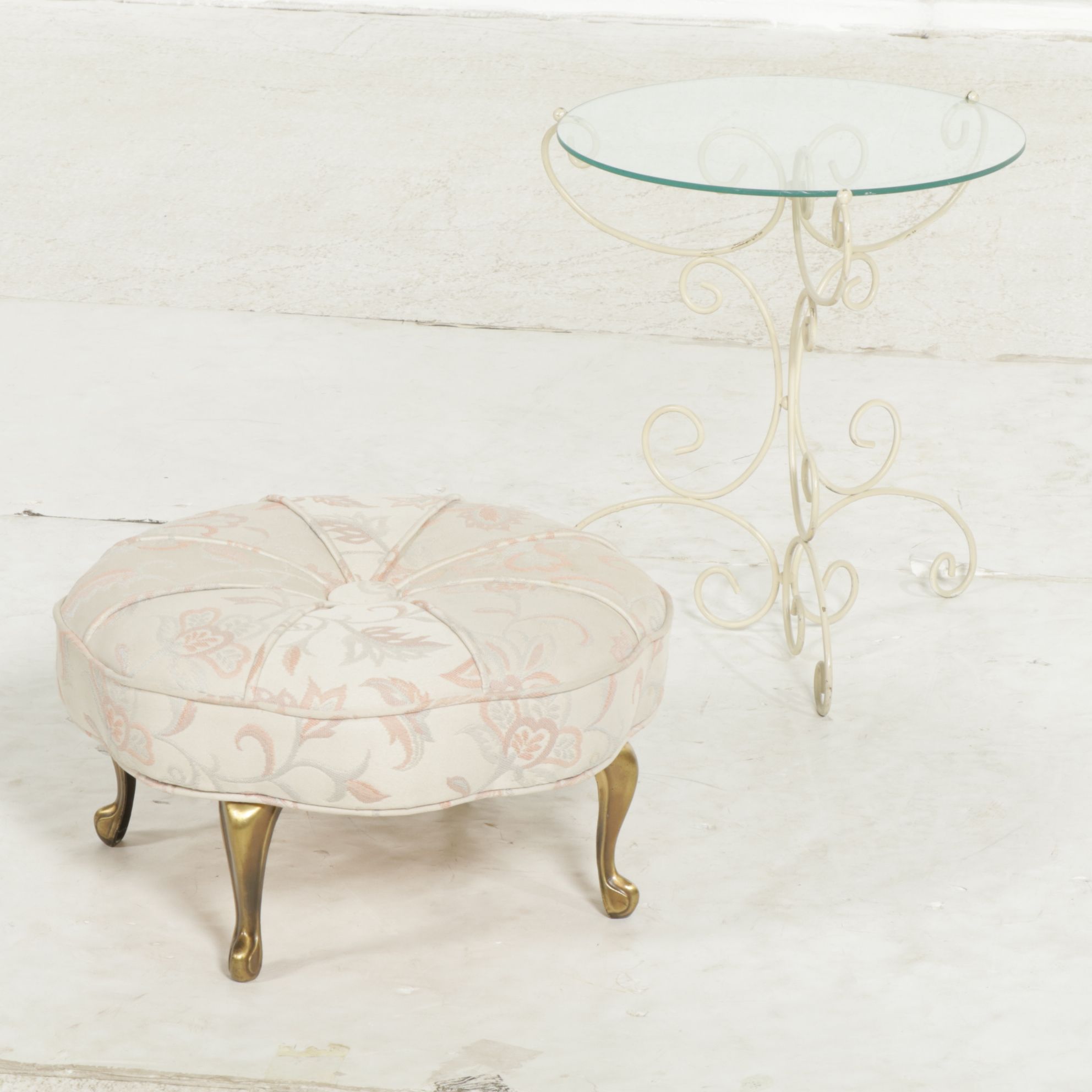 Creme Finish Scroll Side Table with Glass Top and Tufted Footstool Ottoman