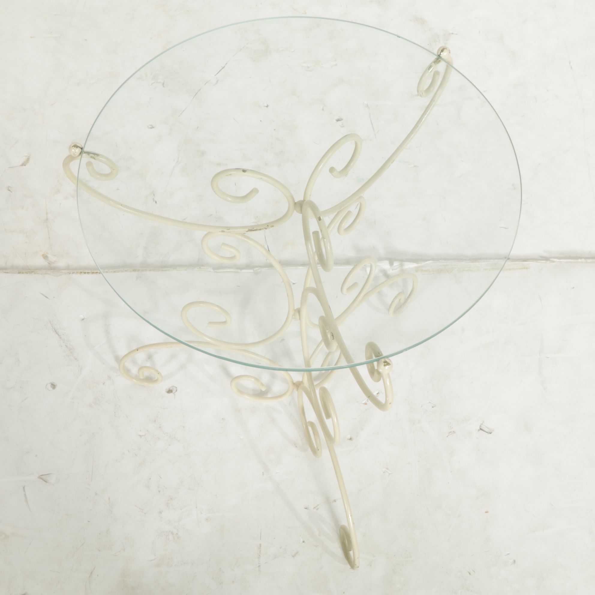 Creme Finish Scroll Side Table with Glass Top and Tufted Footstool Ottoman