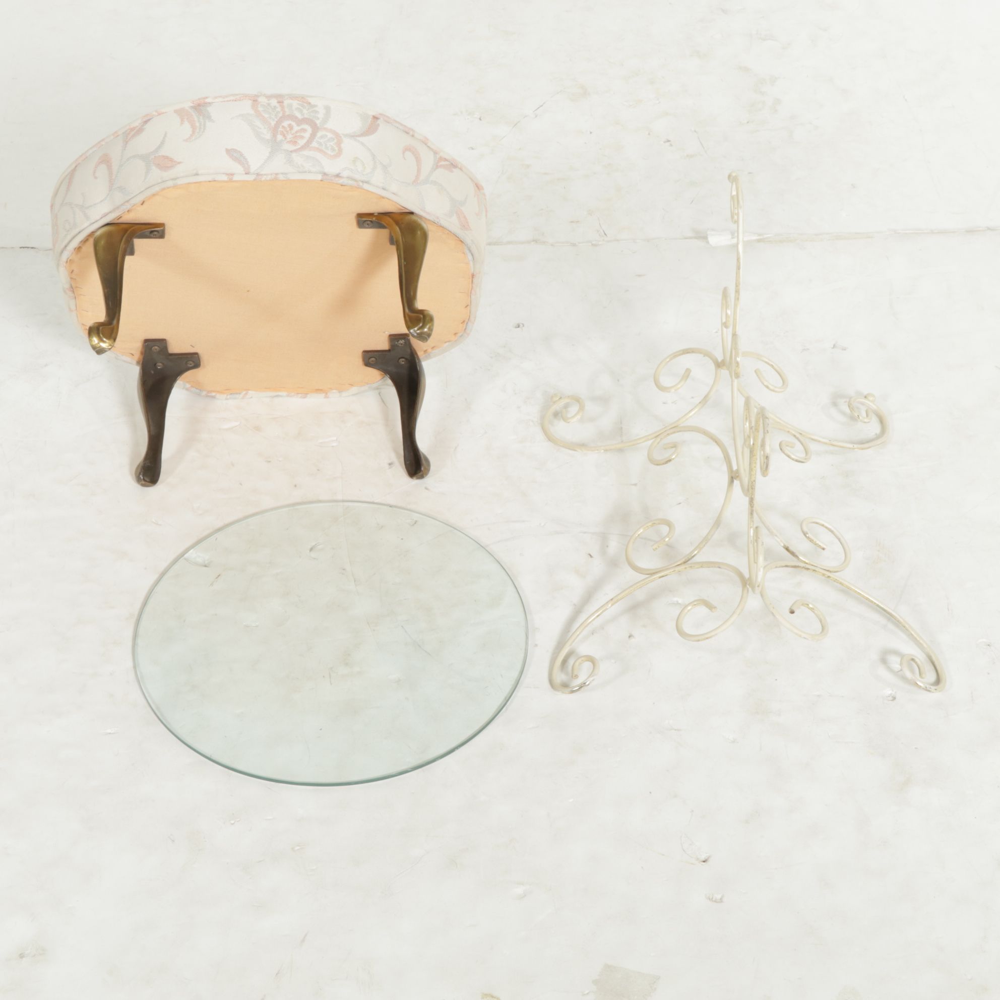 Creme Finish Scroll Side Table with Glass Top and Tufted Footstool Ottoman