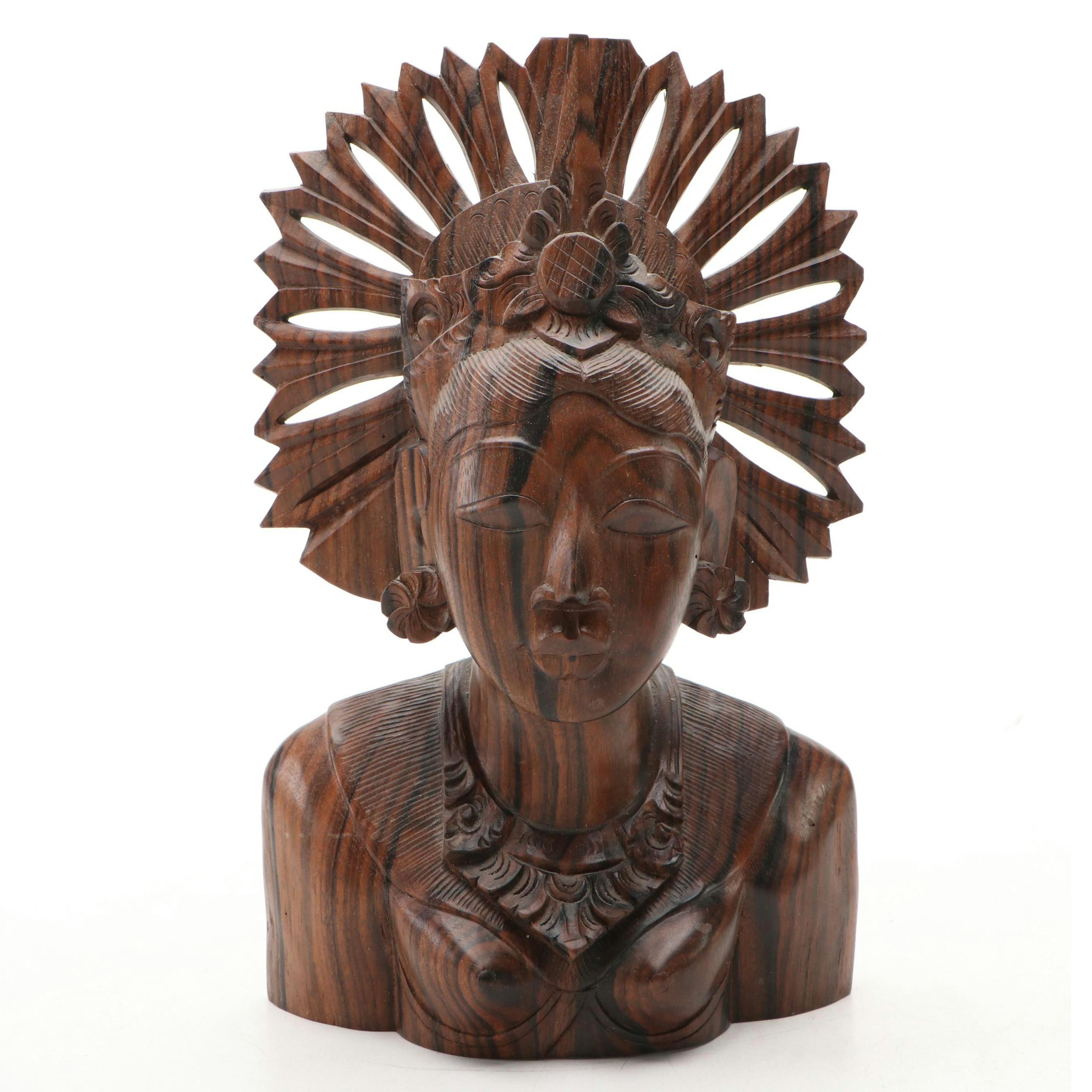 Balinese Coromandel Wood Hand-Carved Bust of Queen