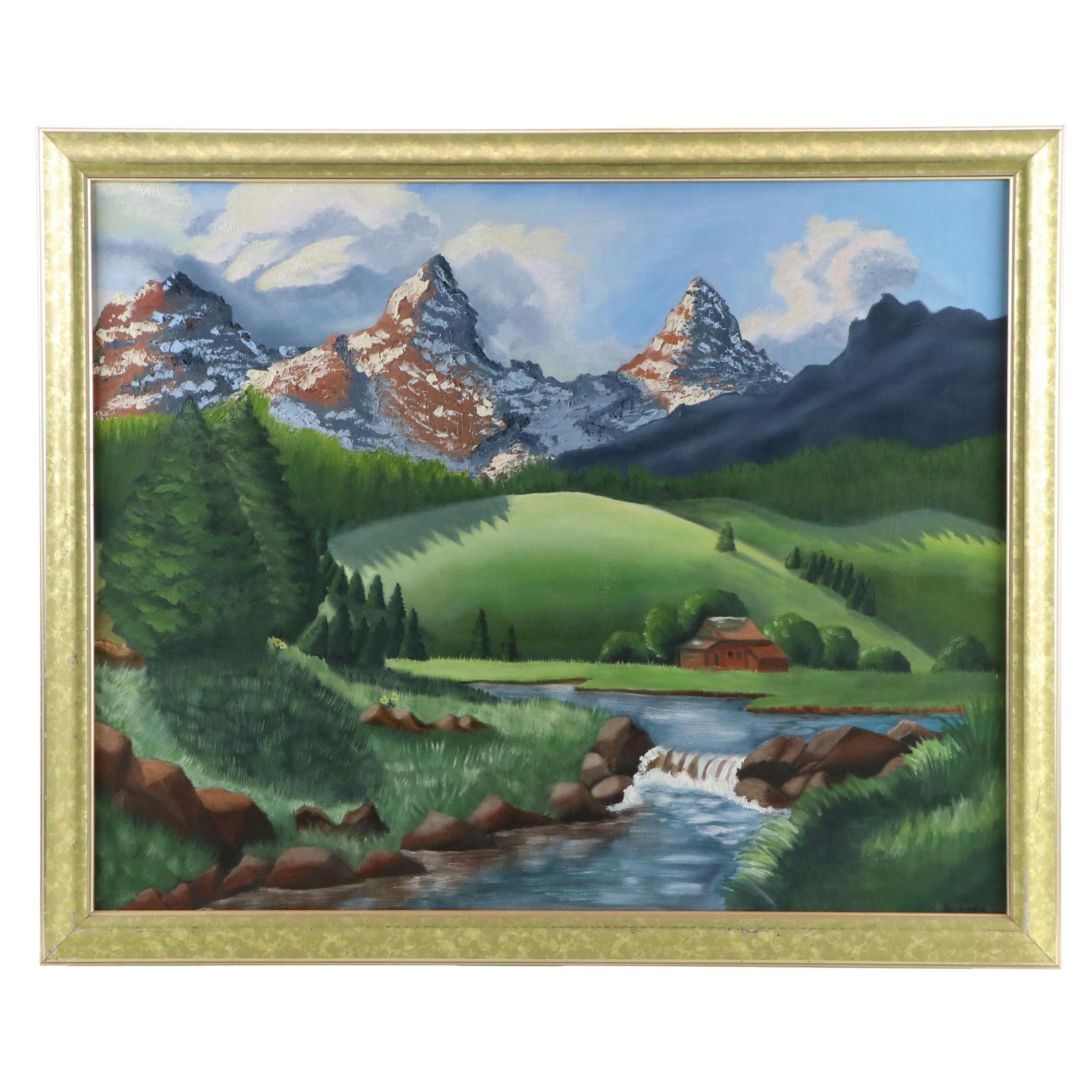 B. Jones Alpine Landscape With Chalet Acrylic Painting