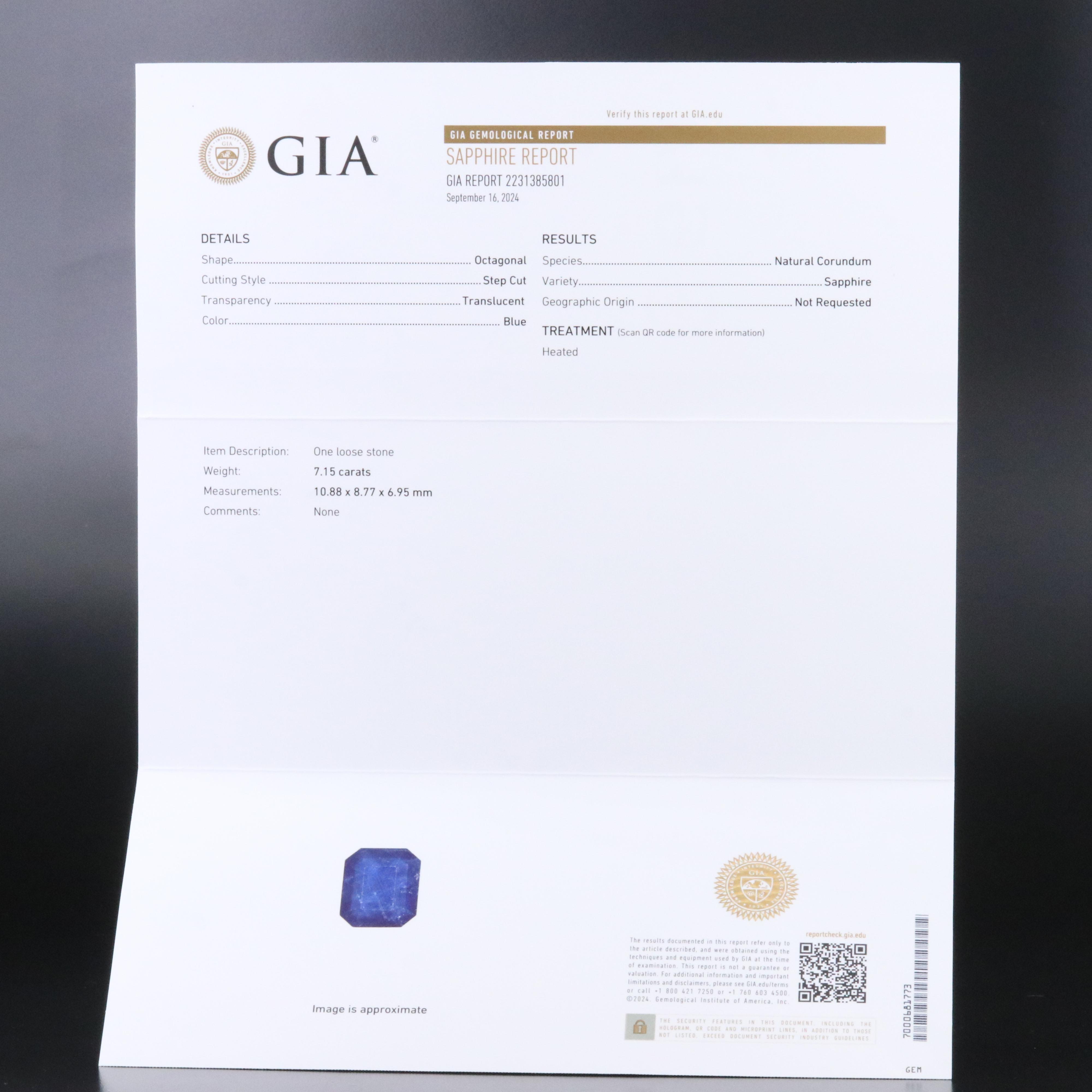 Loose 7.15 CT Sapphire with GIA Report