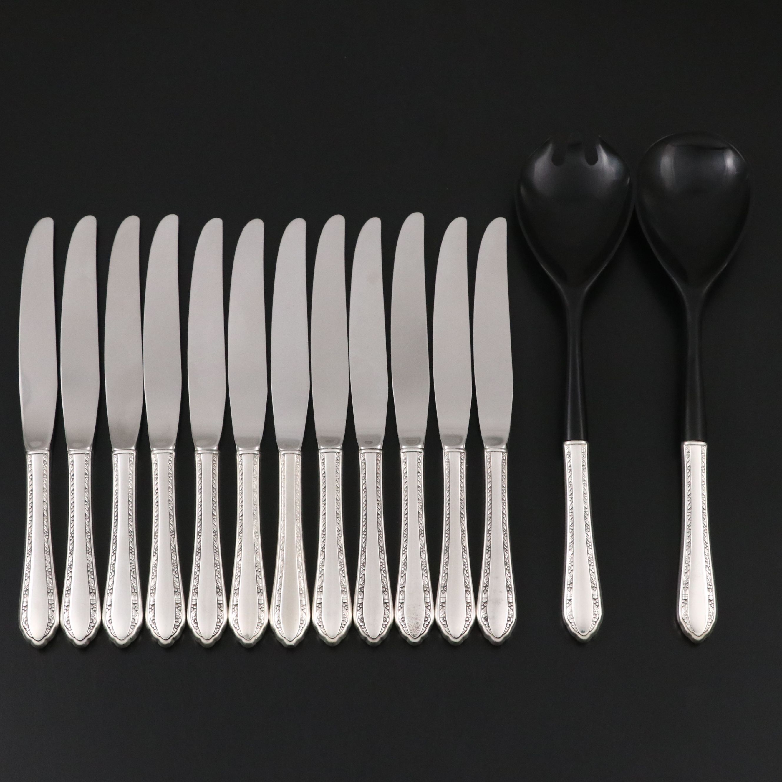 Royal Crest "Wild Flower" Sterling Silver Handle Salad Servers and Dinner Knives