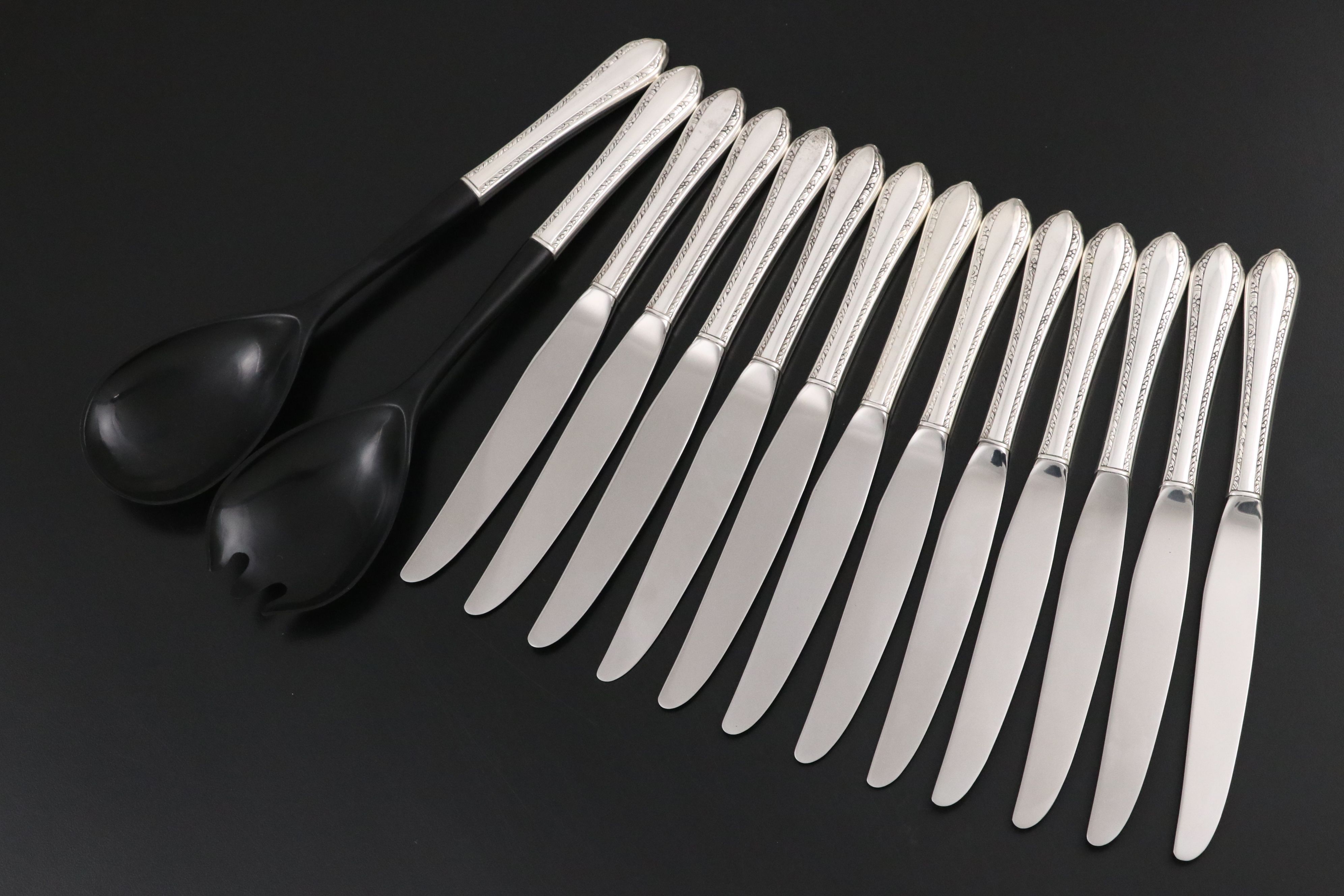 Royal Crest "Wild Flower" Sterling Silver Handle Salad Servers and Dinner Knives