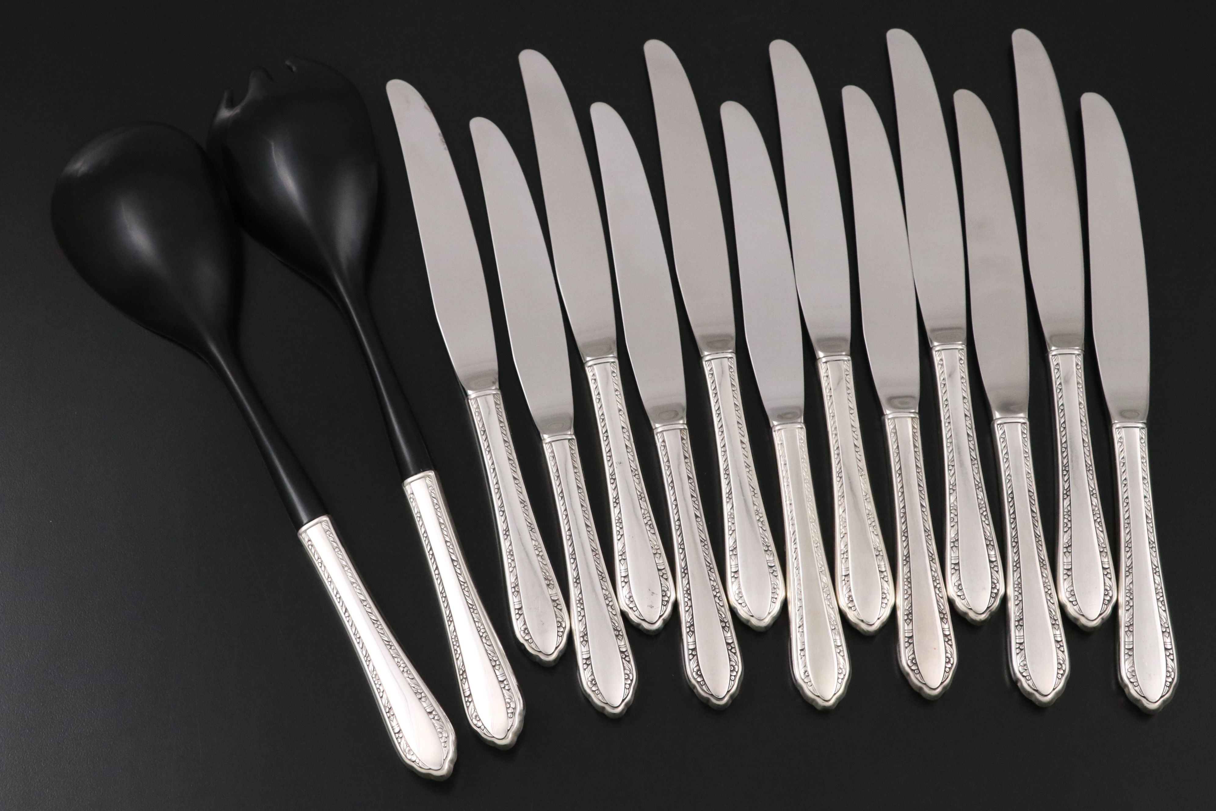 Royal Crest "Wild Flower" Sterling Silver Handle Salad Servers and Dinner Knives