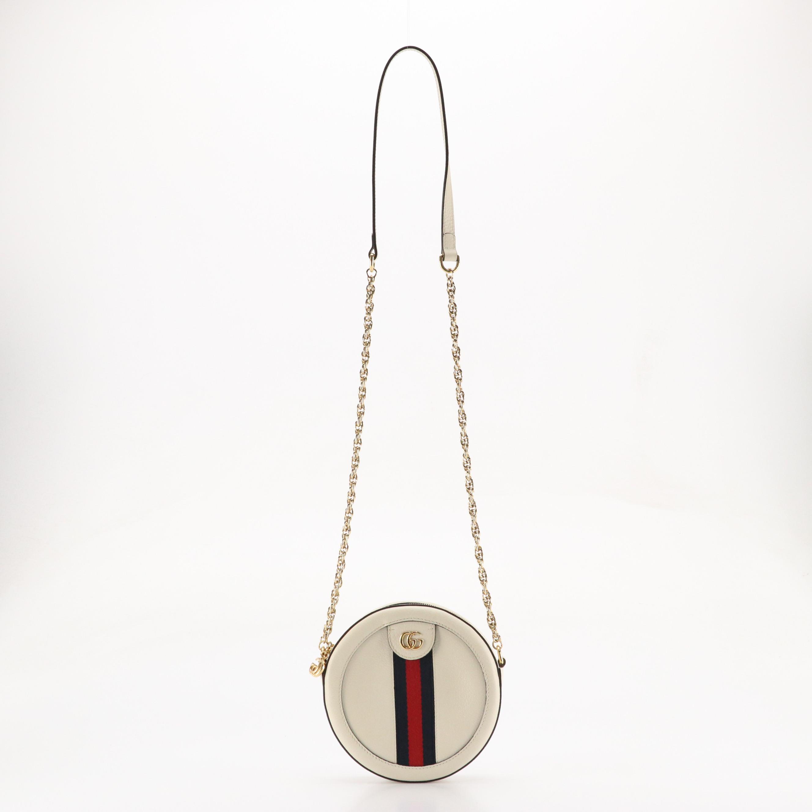 Gucci Ophidia Round Crossbody Bag in Web Striped White Leather