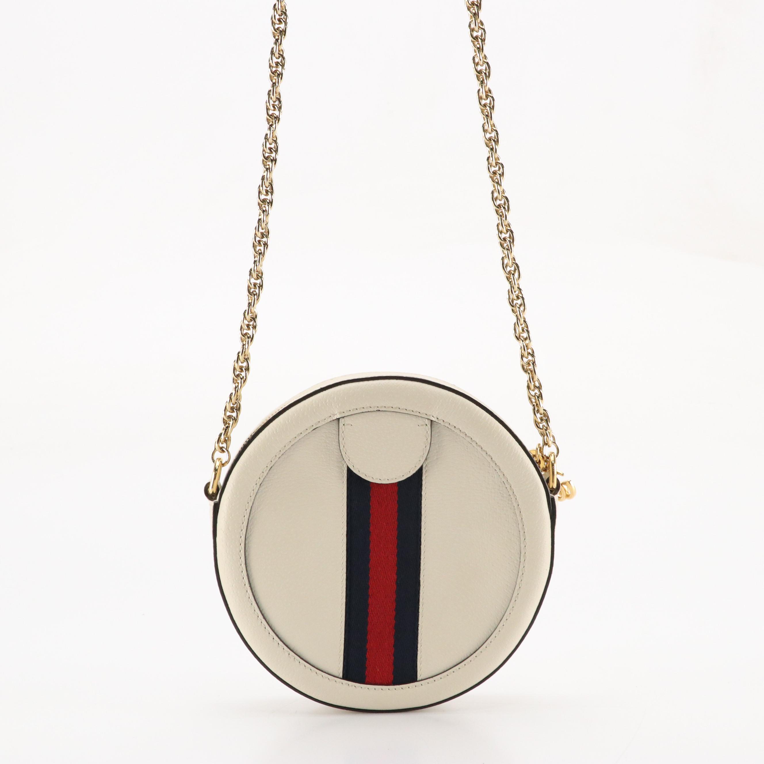 Gucci Ophidia Round Crossbody Bag in Web Striped White Leather