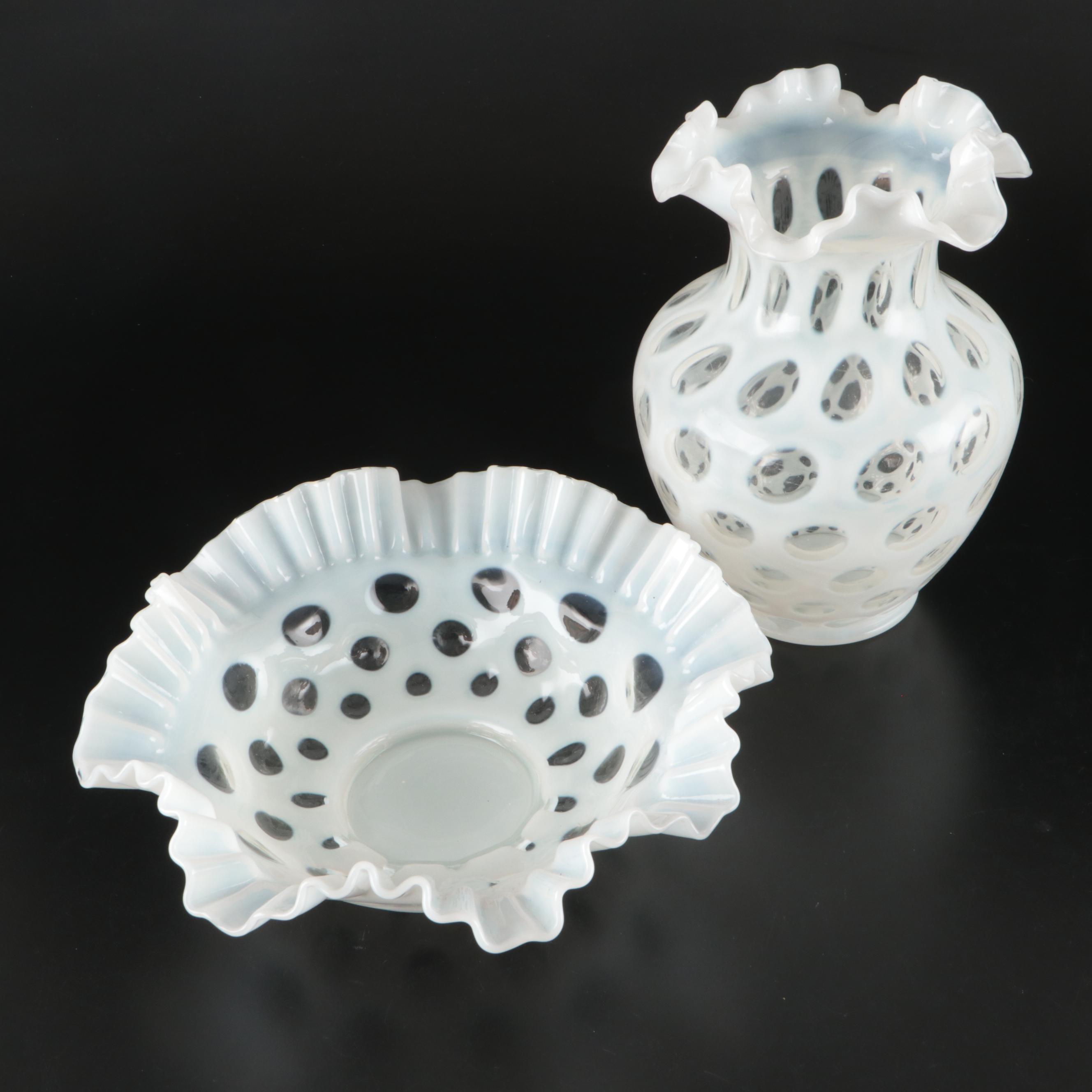 Fenton Glass Opalescent Coin Dot Vase and Bowl, Mid 20th-Century