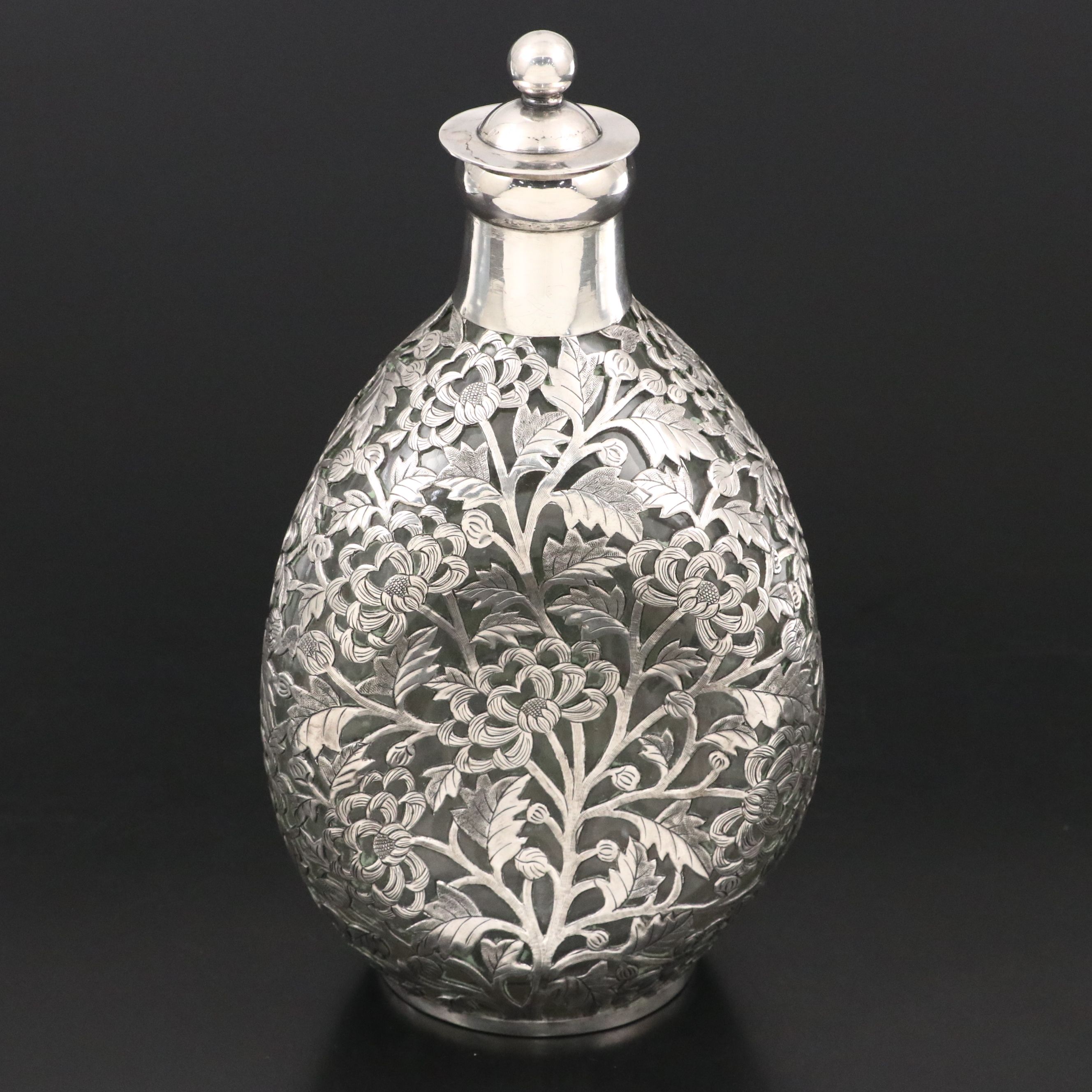 Chinese Floral Sterling Silver Cased Glass Decanter