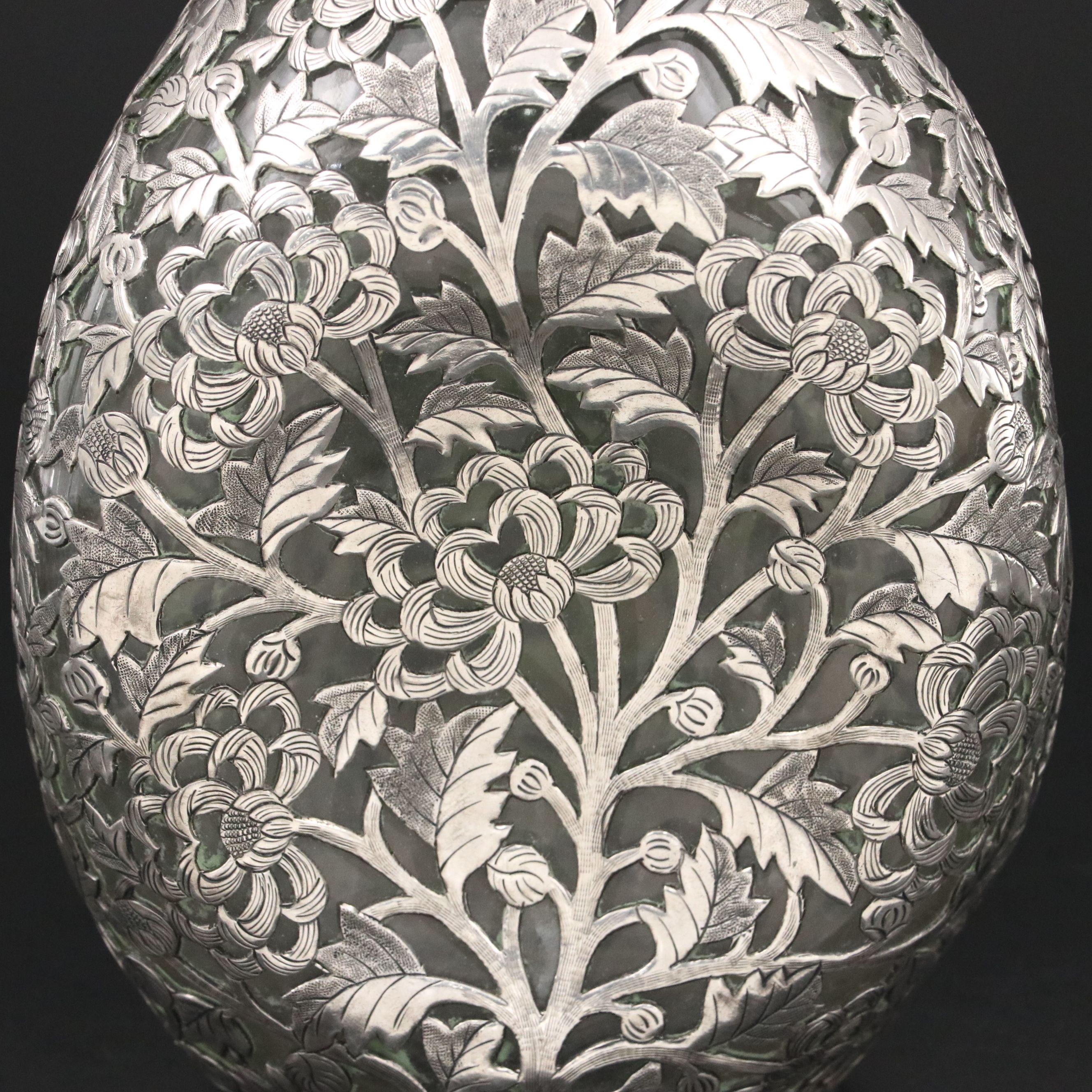 Chinese Floral Sterling Silver Cased Glass Decanter