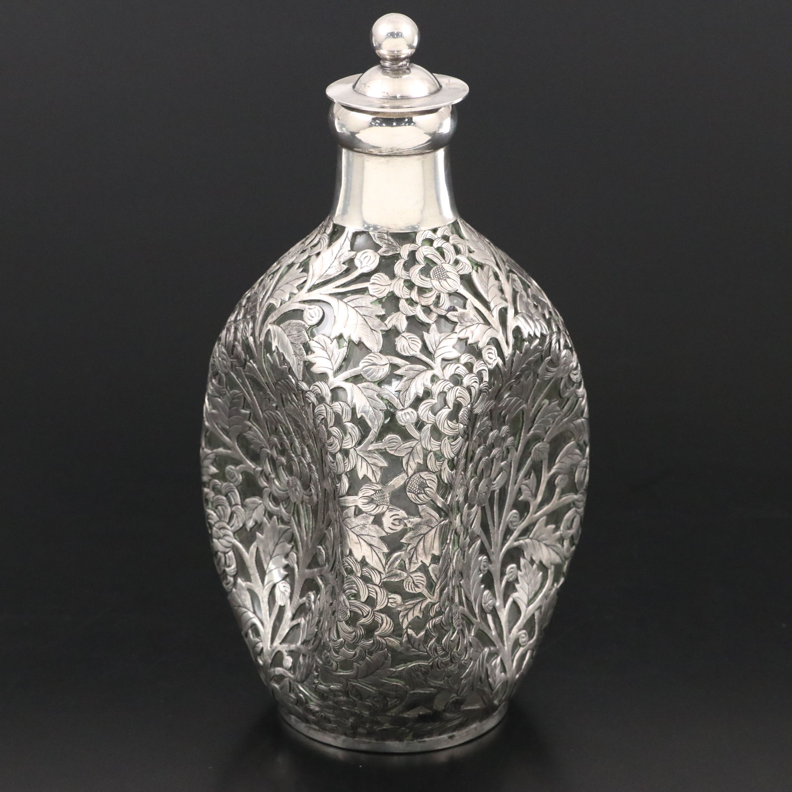 Chinese Floral Sterling Silver Cased Glass Decanter