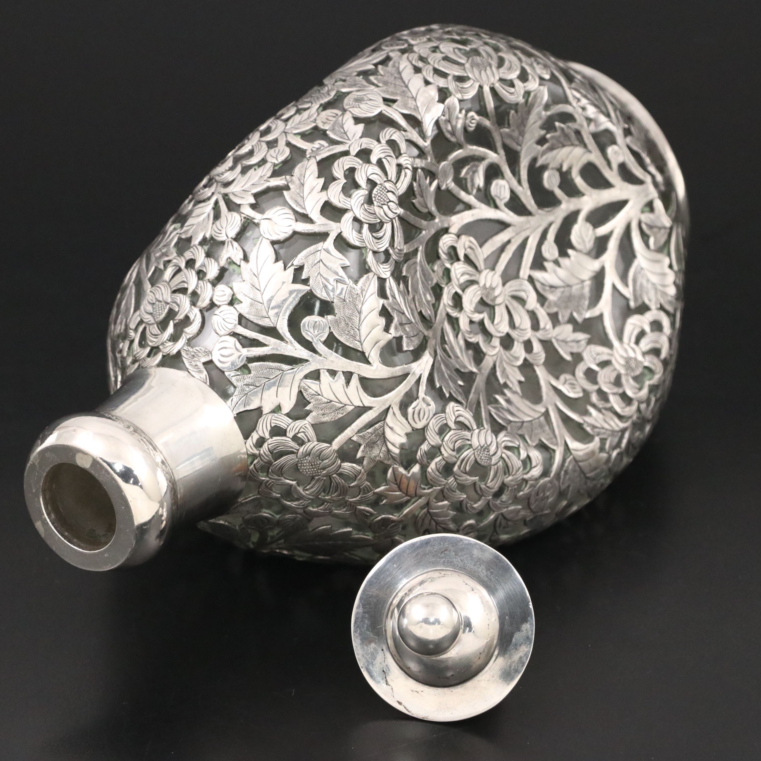 Chinese Floral Sterling Silver Cased Glass Decanter
