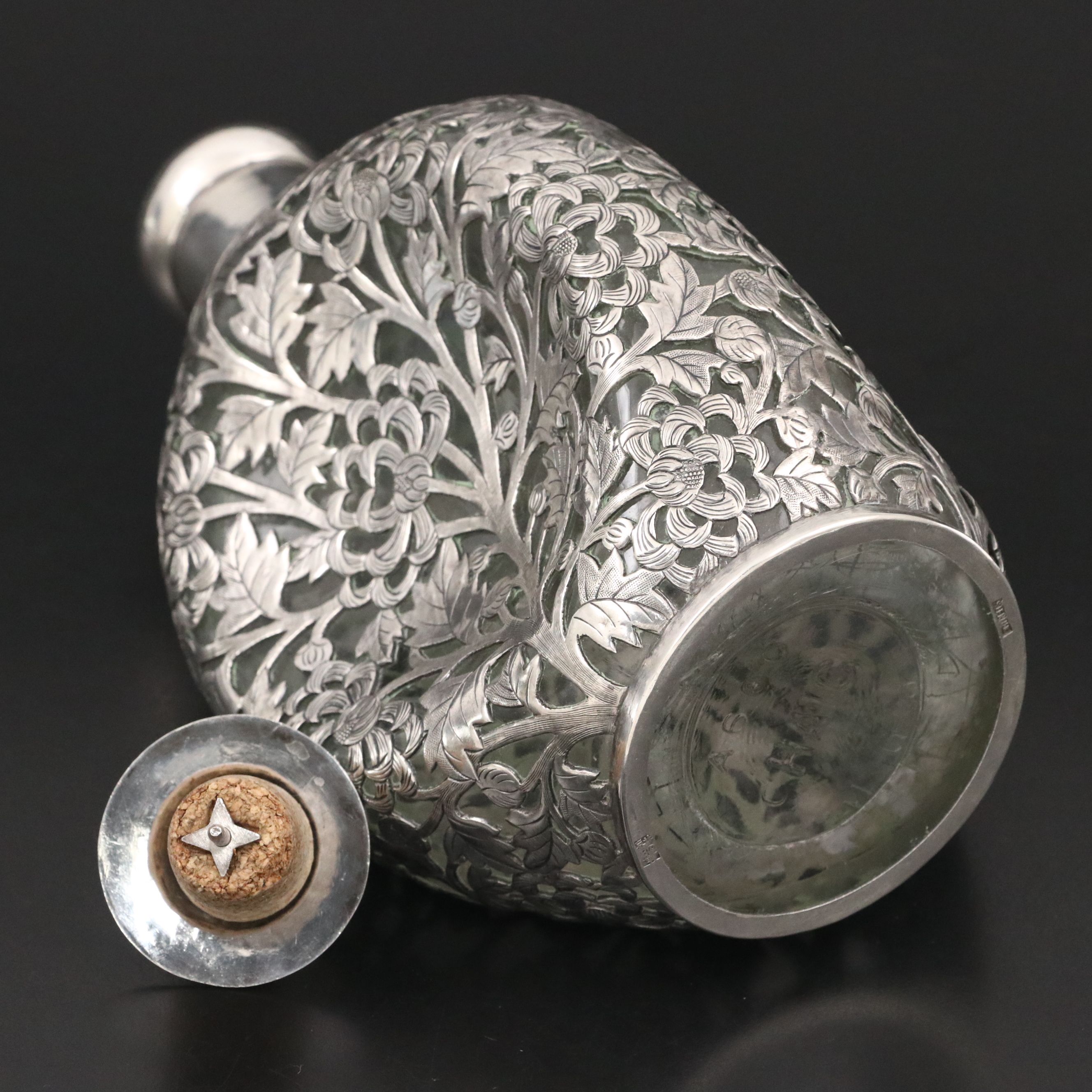 Chinese Floral Sterling Silver Cased Glass Decanter