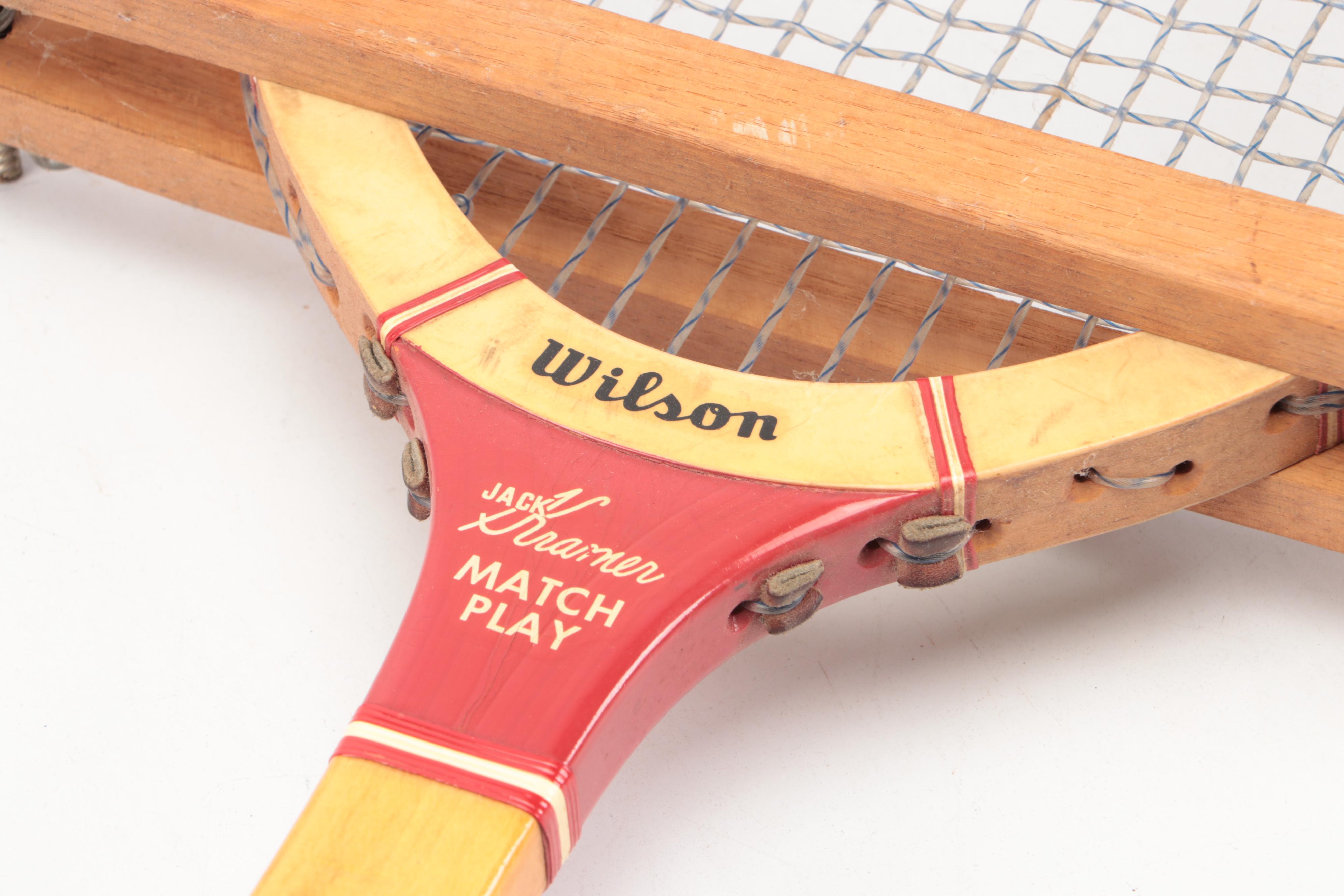 Wilson, E. Kent and Prince Tennis Rackets with Wood Bracket Press, Racket Sleeve