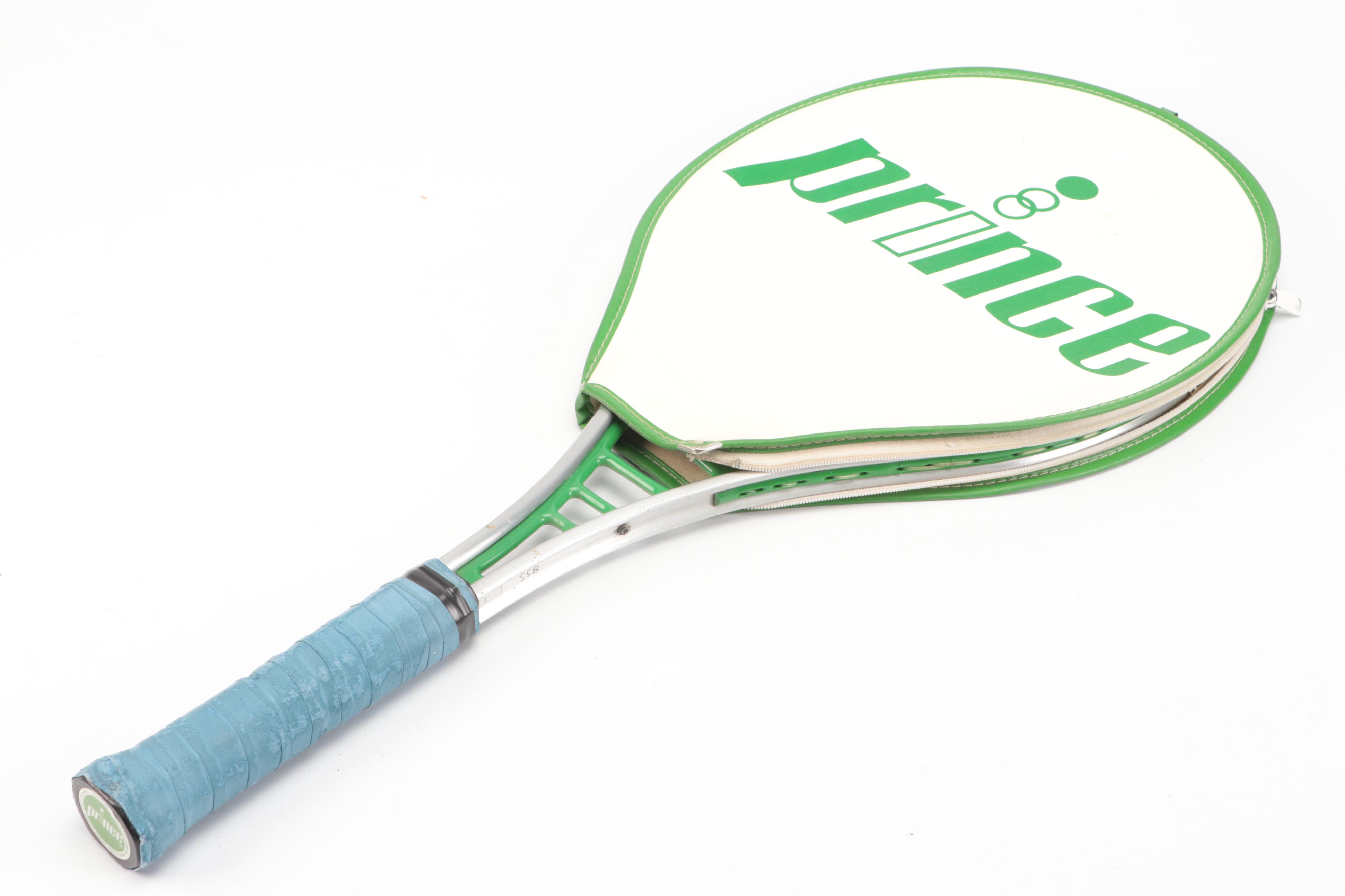 Wilson, E. Kent and Prince Tennis Rackets with Wood Bracket Press, Racket Sleeve