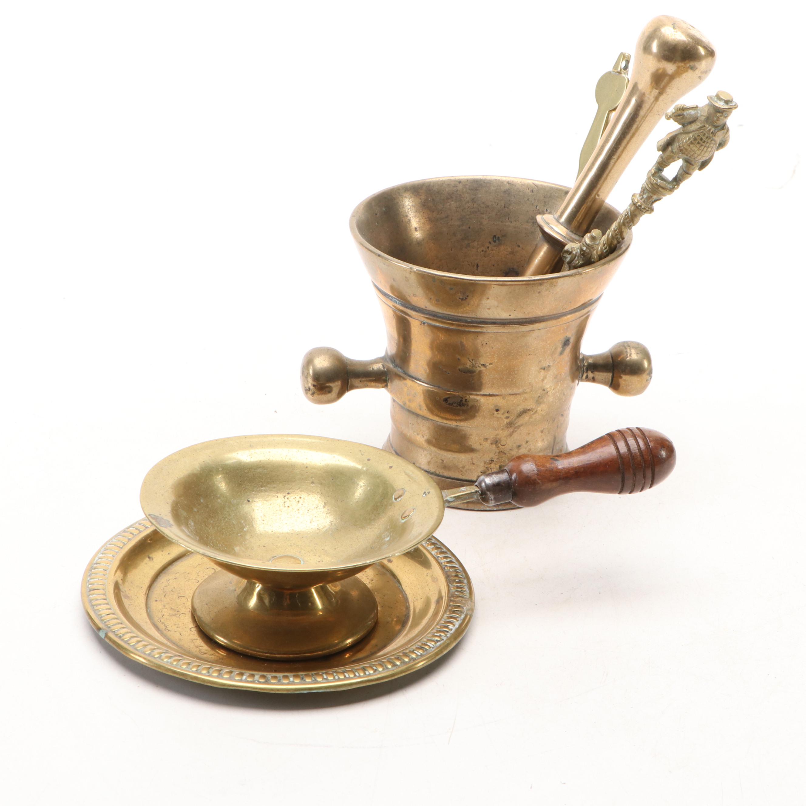 Brass Mortar with Pestle, Spoons, and Diwali Burner/Lamp with Underplate