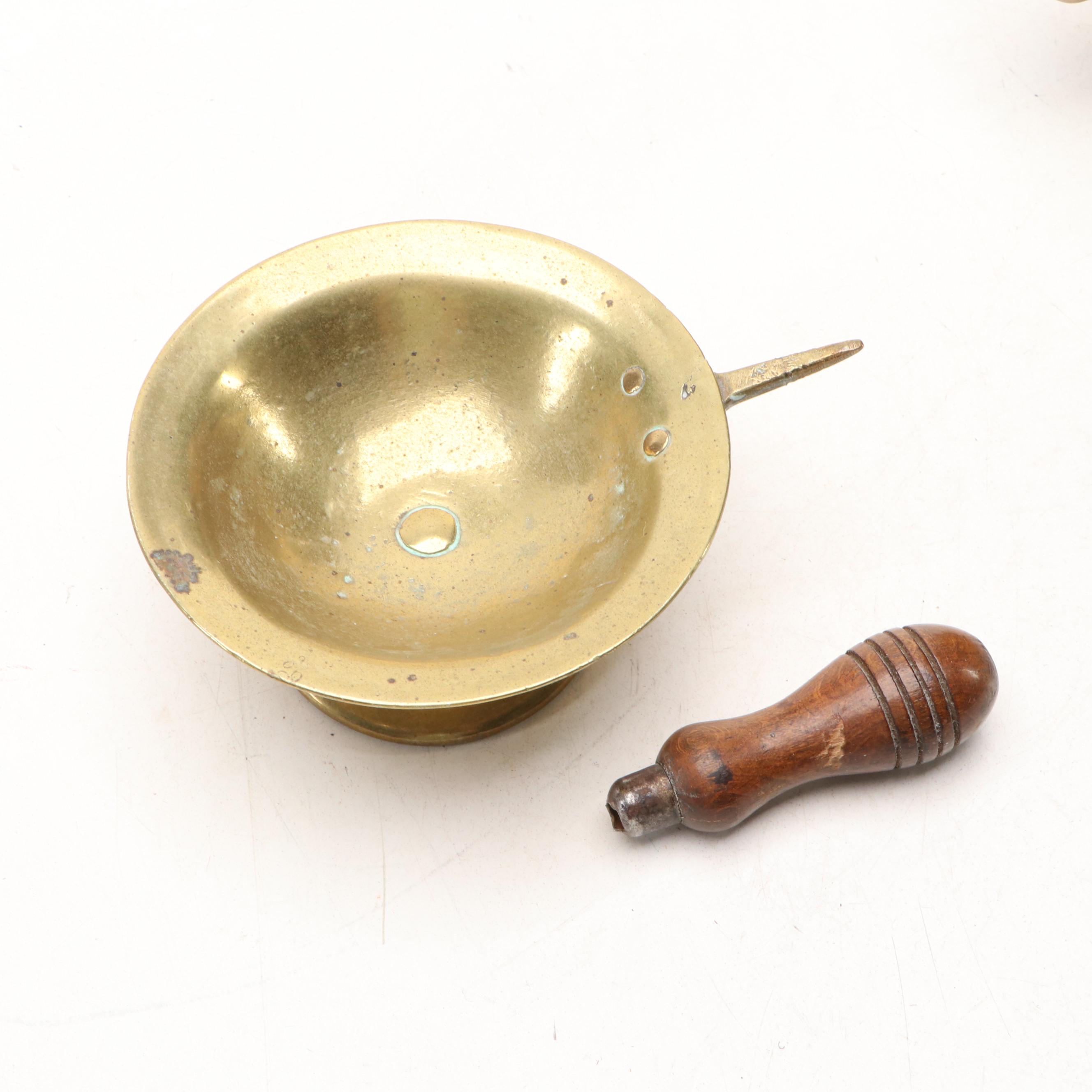 Brass Mortar with Pestle, Spoons, and Diwali Burner/Lamp with Underplate