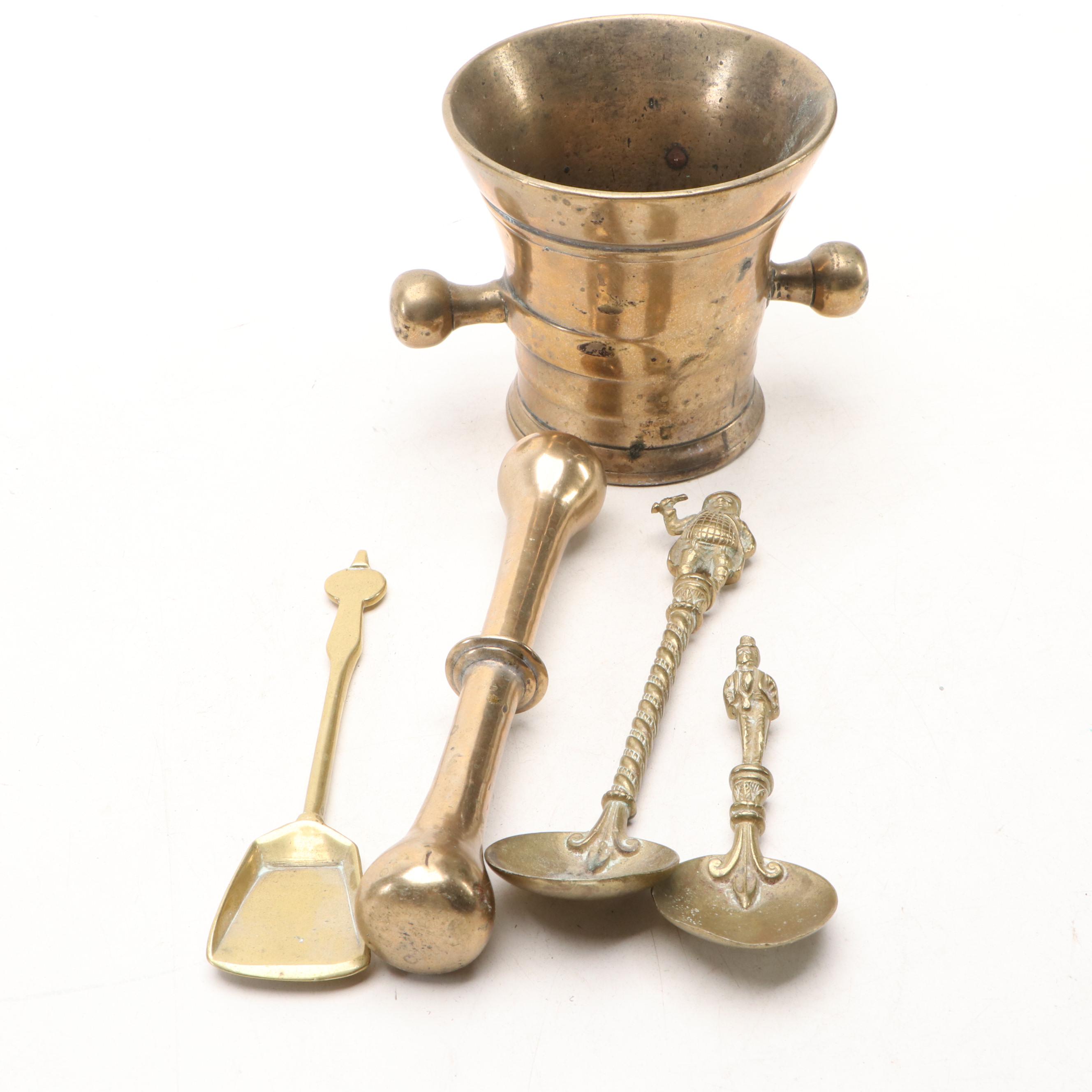 Brass Mortar with Pestle, Spoons, and Diwali Burner/Lamp with Underplate