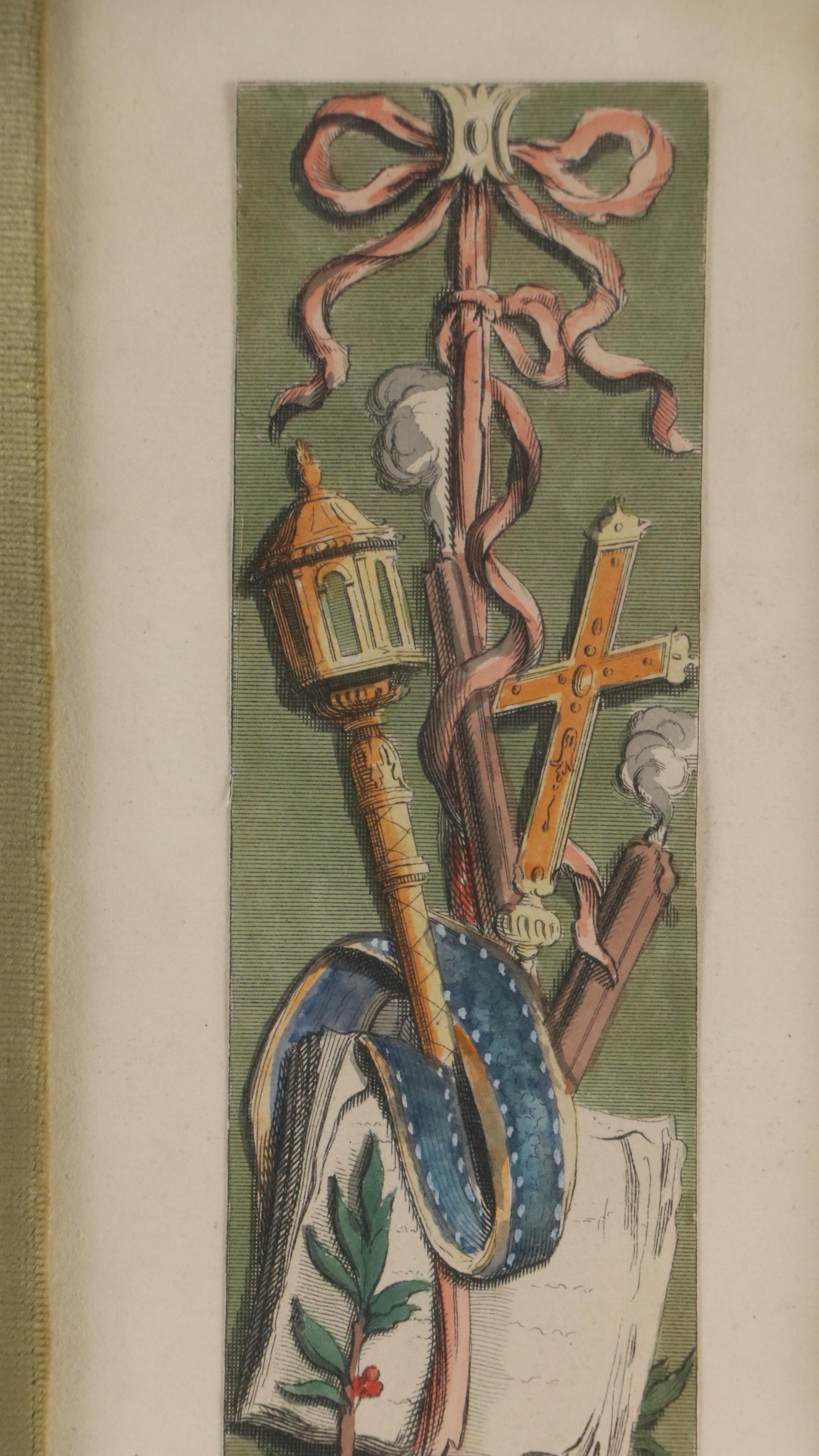 Hand-Colored Engraving of Decorative Composition with Cross and Ribbon