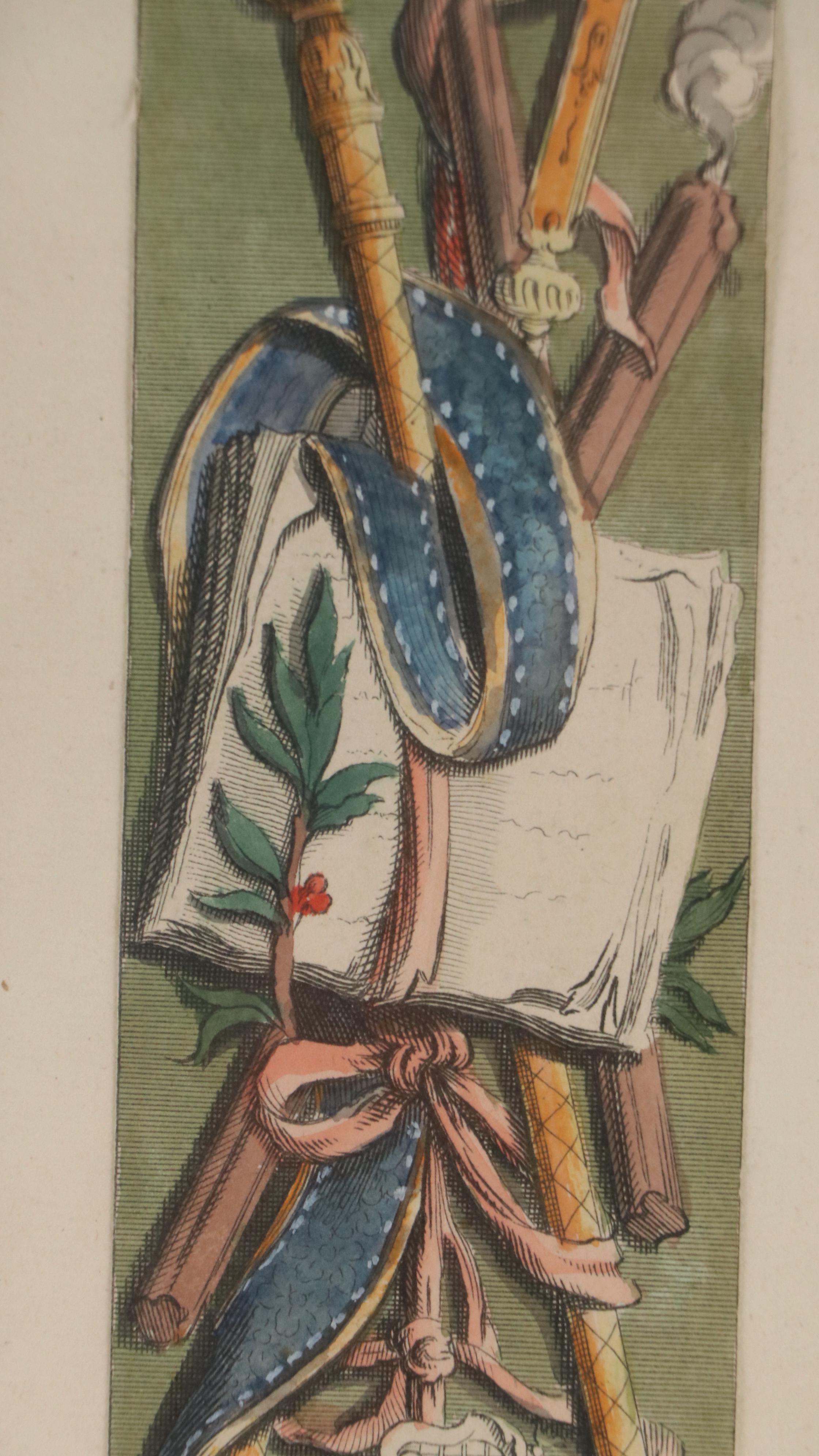 Hand-Colored Engraving of Decorative Composition with Cross and Ribbon