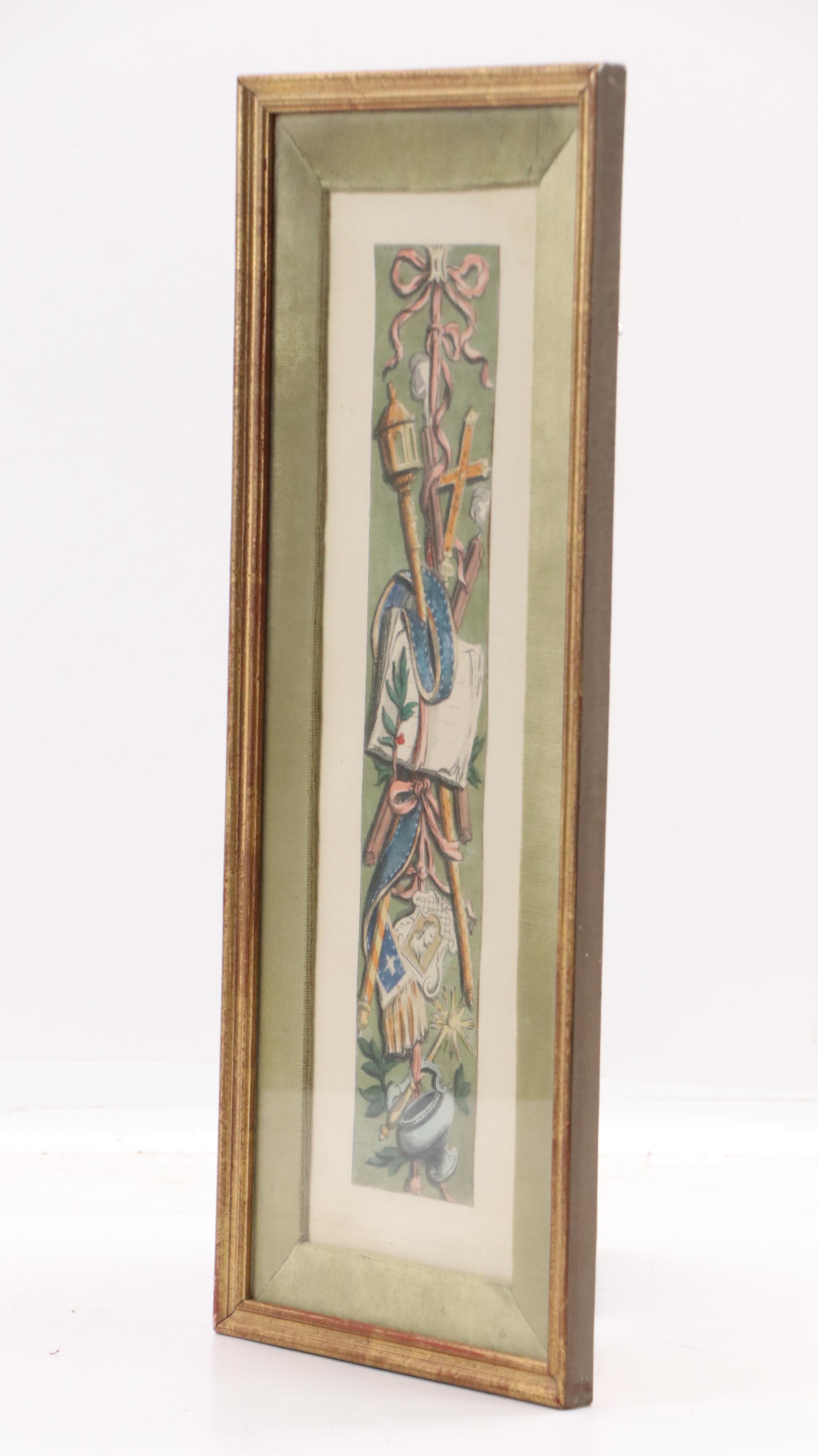 Hand-Colored Engraving of Decorative Composition with Cross and Ribbon