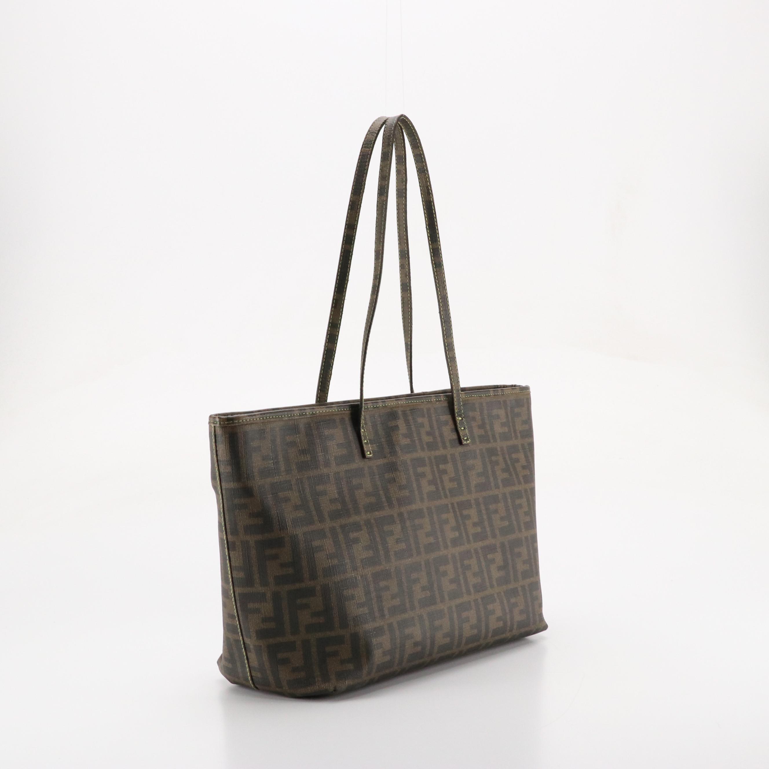 Fendi Zip Tote in Zucca Canvas with Green Stitching