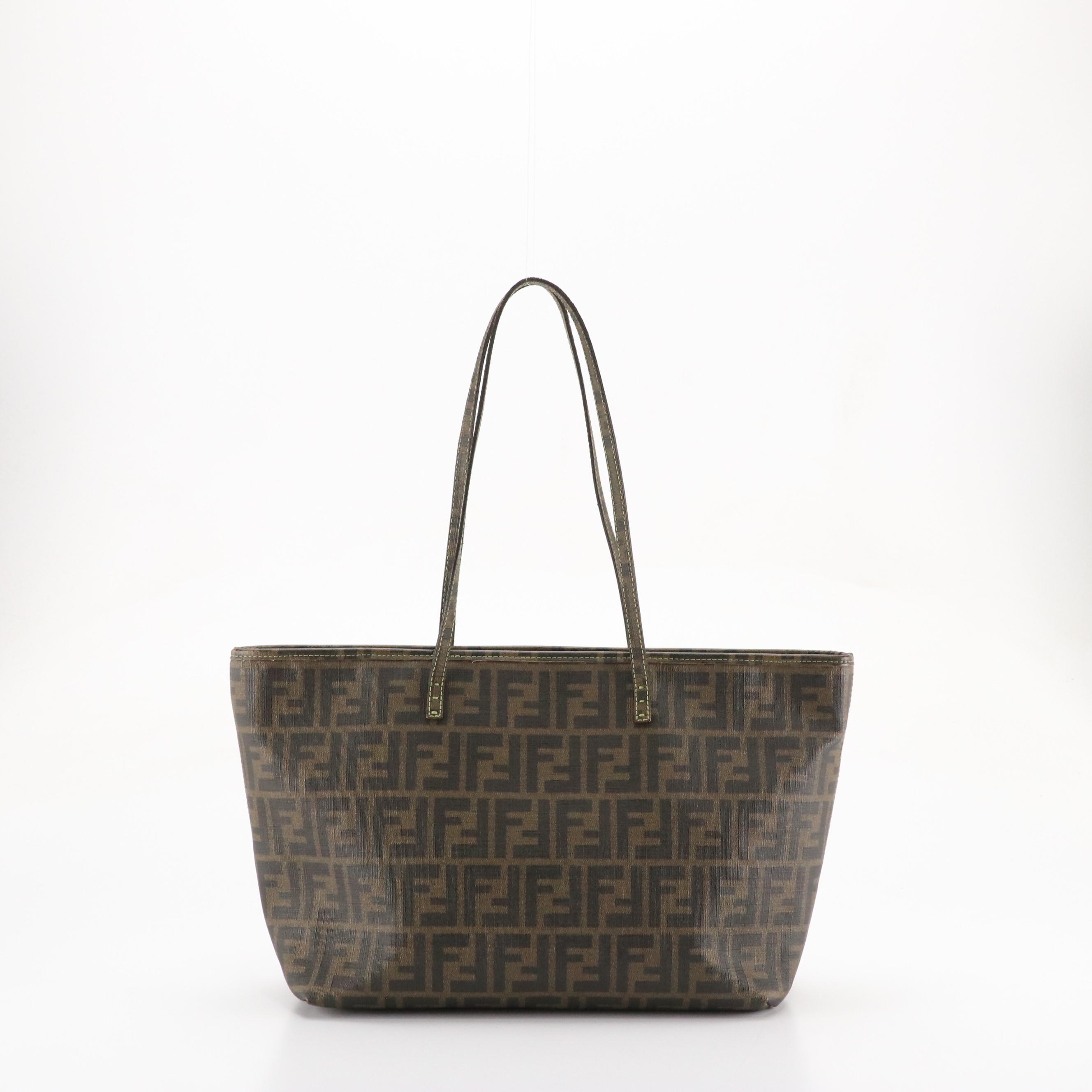 Fendi Zip Tote in Zucca Canvas with Green Stitching