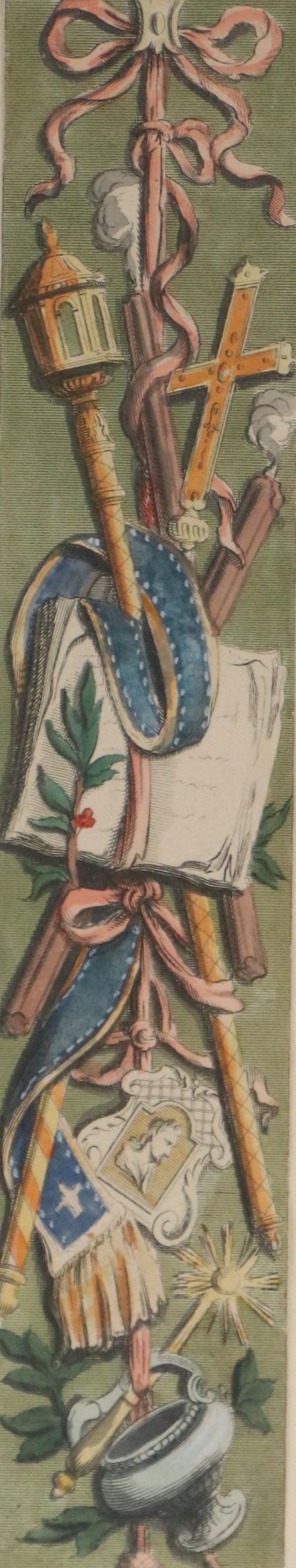 Hand-Colored Engraving of Decorative Composition with Cross and Ribbon