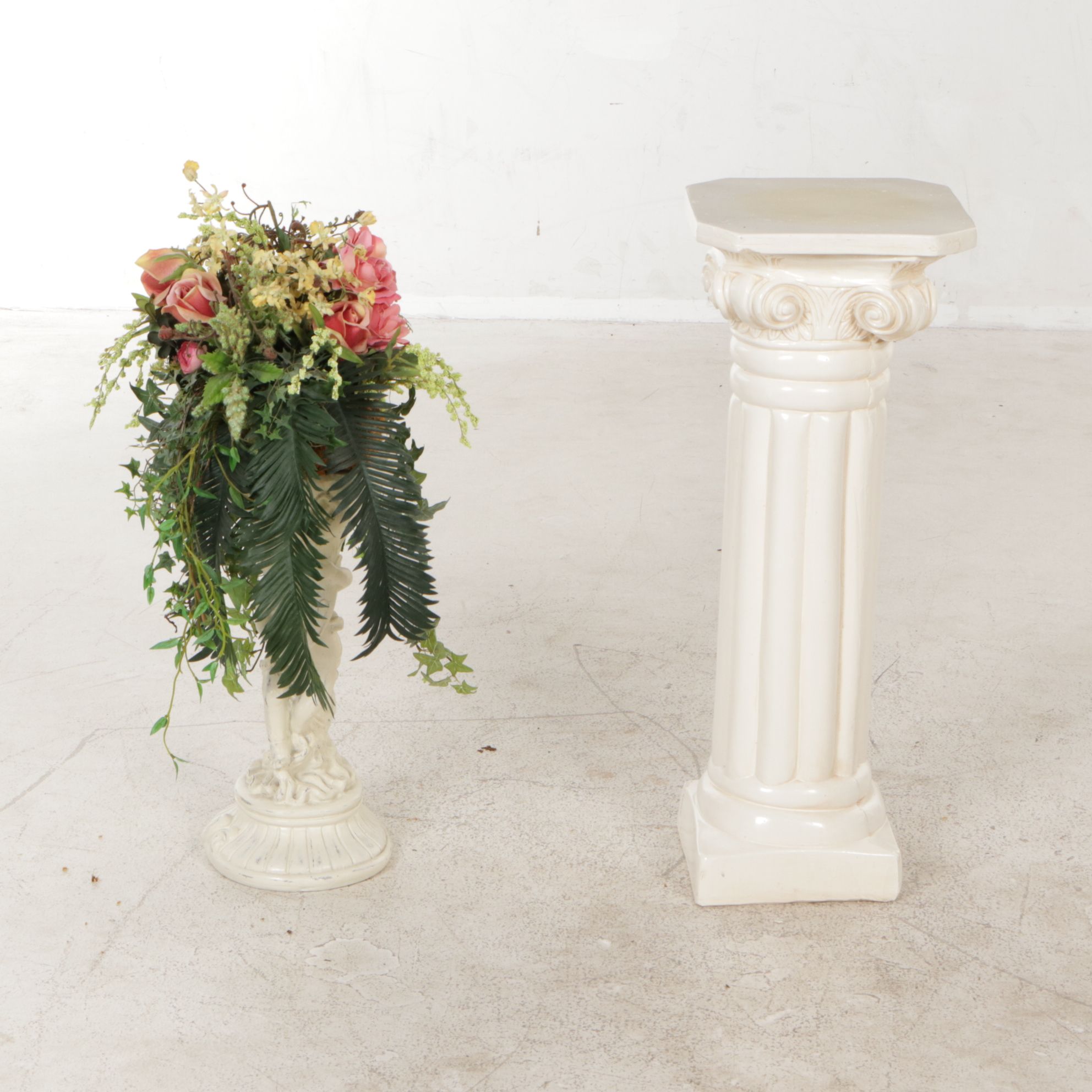 Pedestal Column Plant Stand and Faux Plant