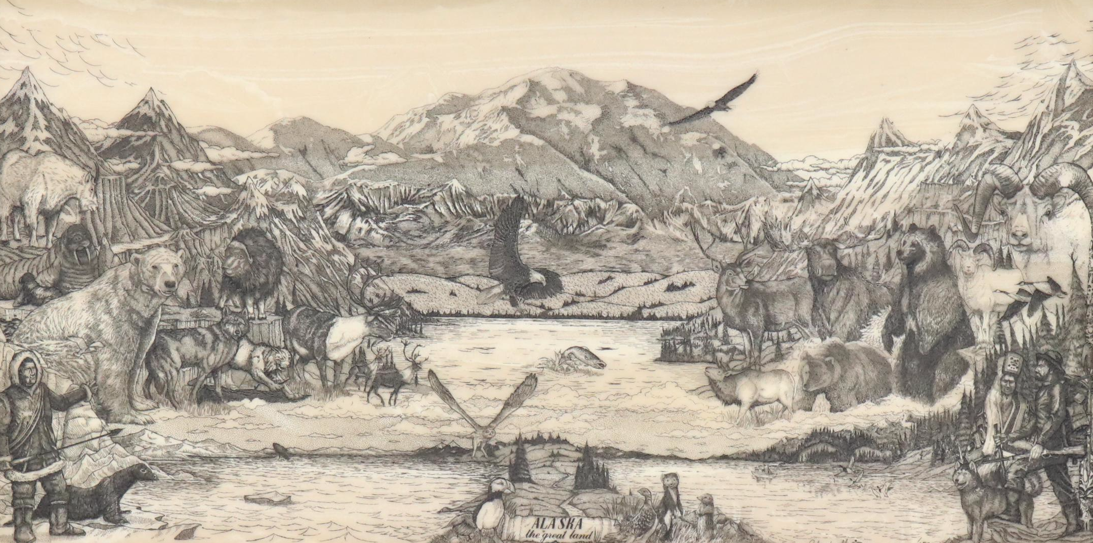 John Wills Etched Marble Panel "Alaska - The Great Land," 1981