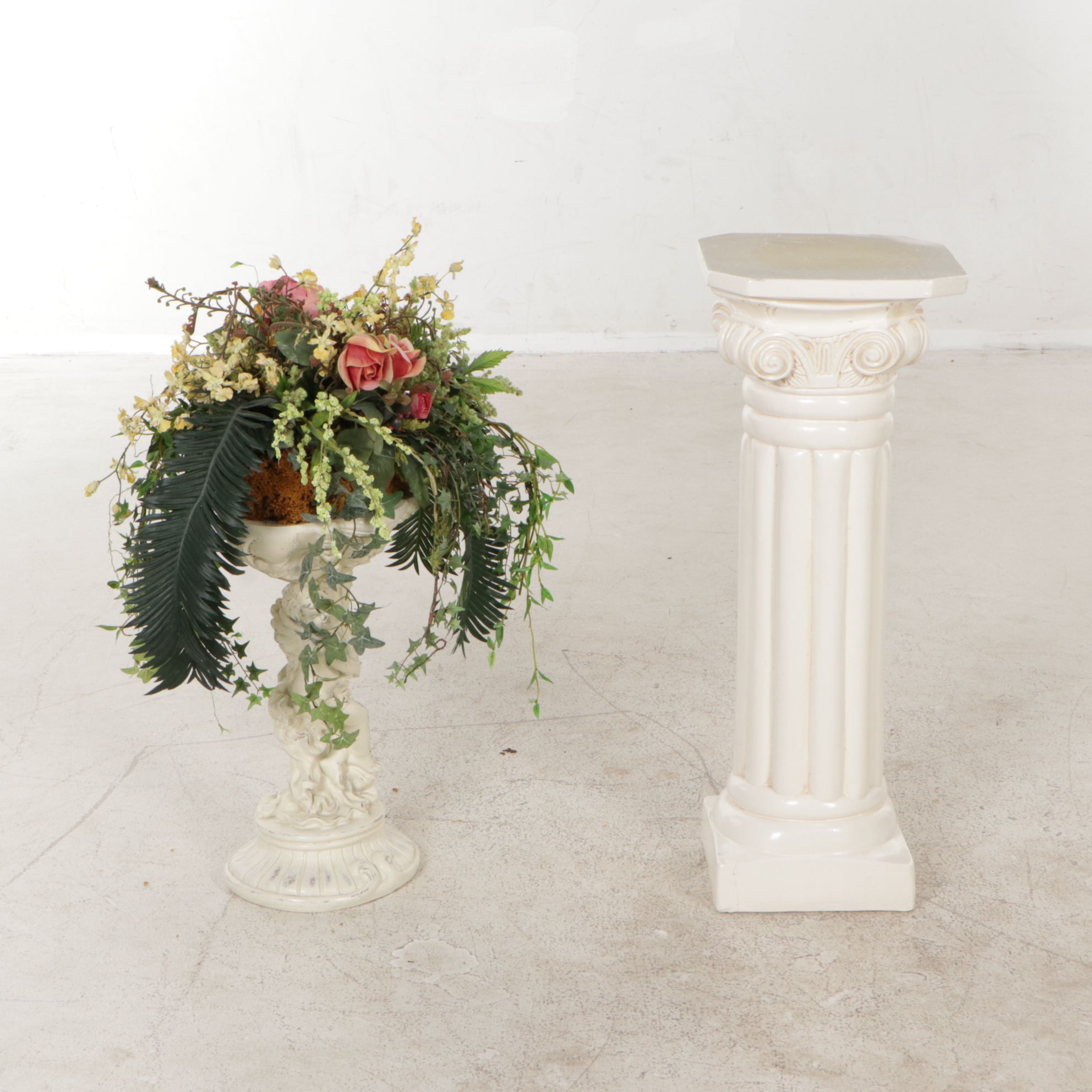 Pedestal Column Plant Stand and Faux Plant