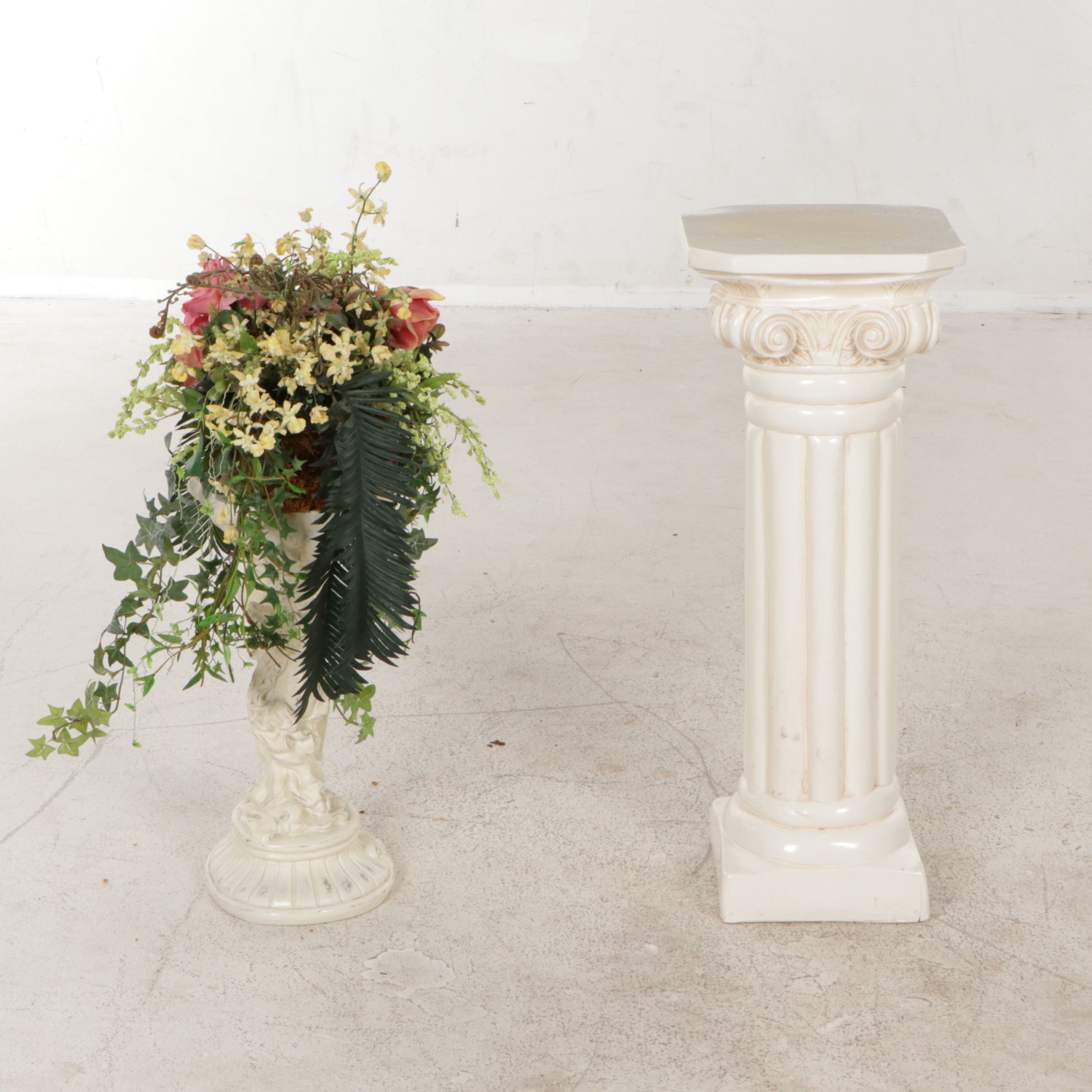 Pedestal Column Plant Stand and Faux Plant