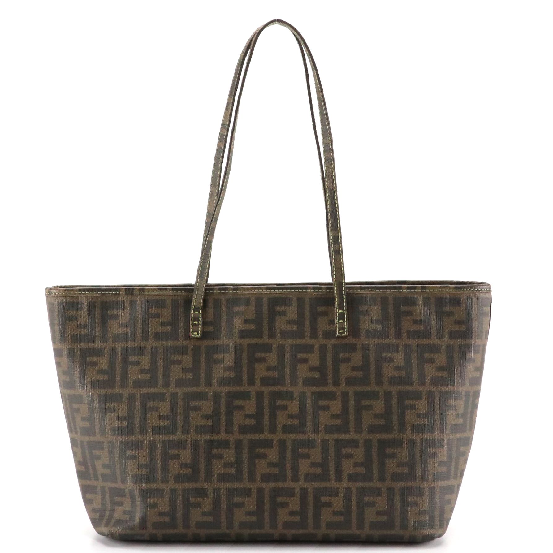 Fendi Zip Tote in Zucca Canvas with Green Stitching