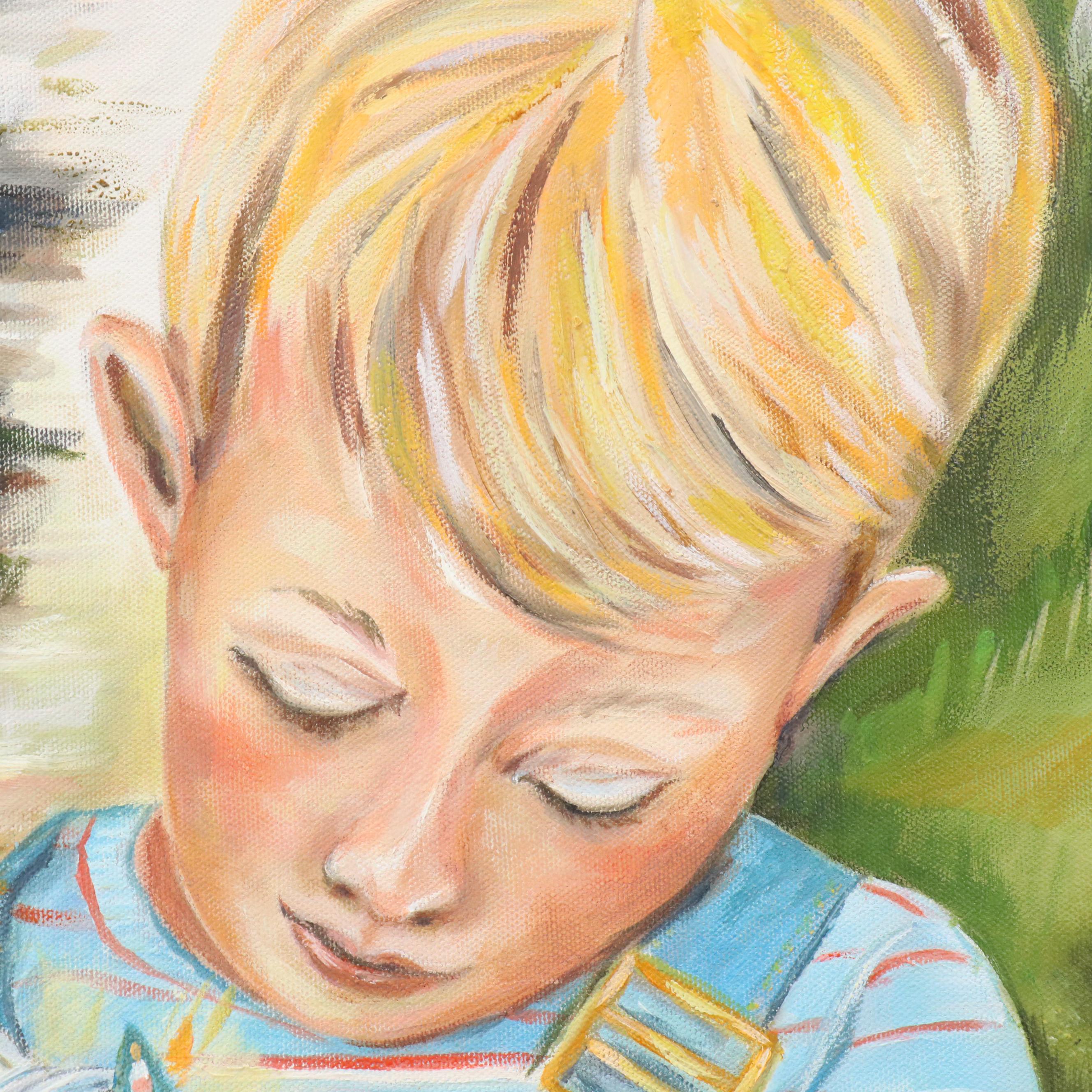 Oil Painting of Boy Holding Jar with Fairy, 21st Century